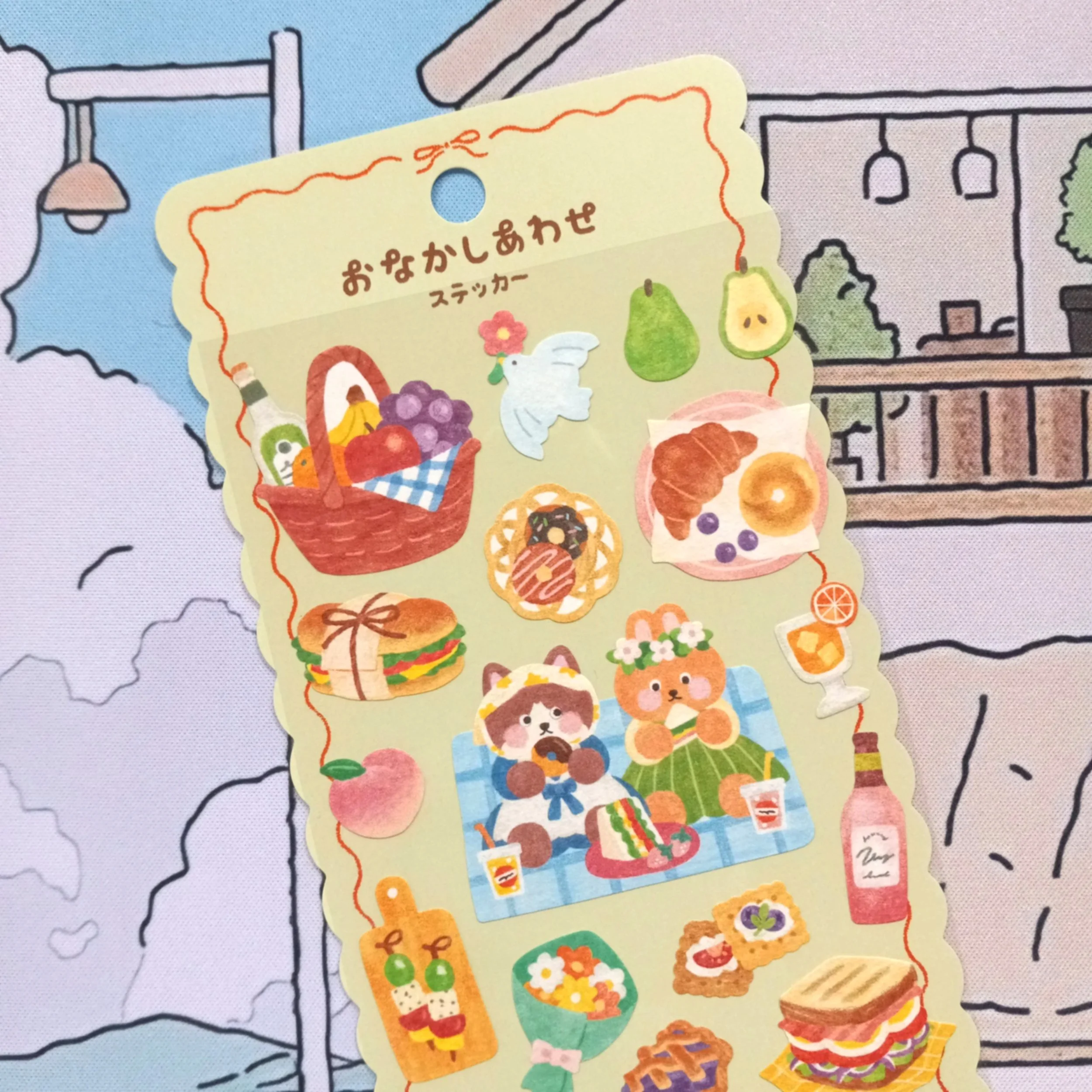Cute Japanese Mind Wave Picnic sticker sheet with adorable animal characters, picnic baskets, and kawaii food illustrations for journaling and scrapbooking