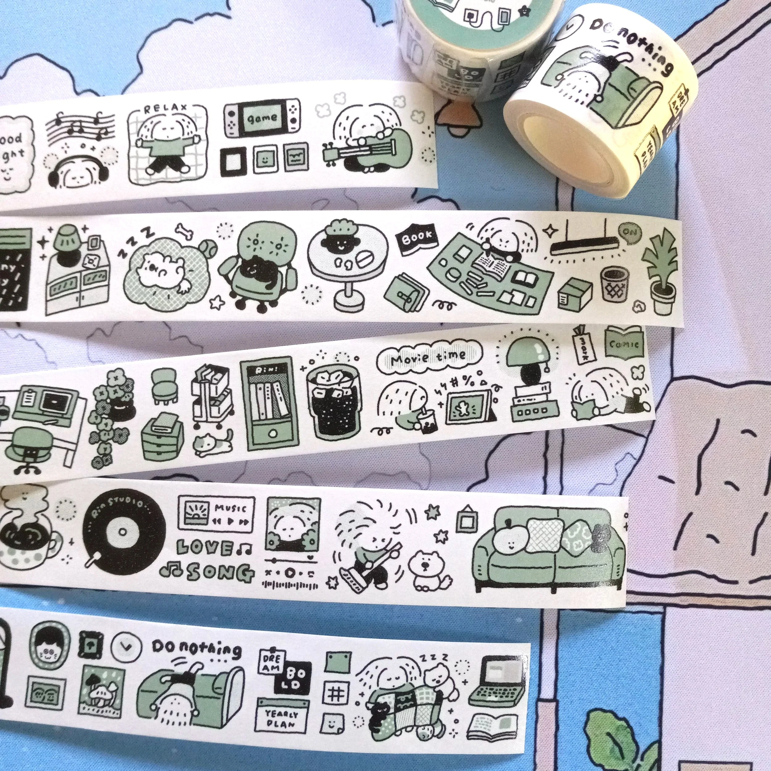 RiN! Studio stationery washi tape featuring a cute room scene illustration