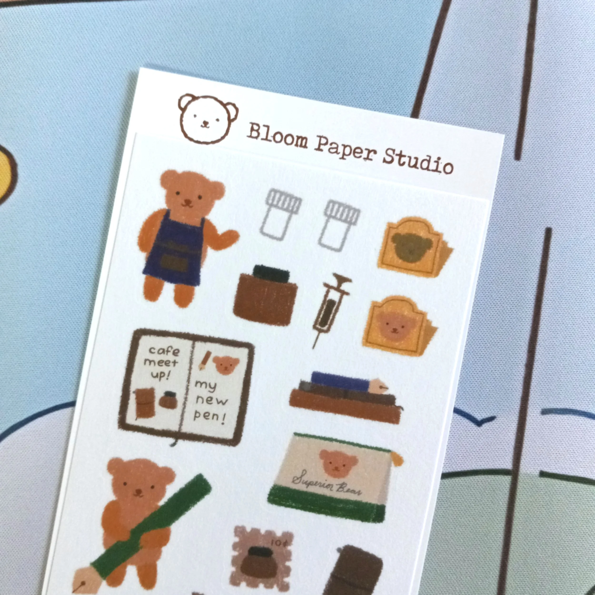 Bloom Paper Studio washi sticker sheet with bear-themed planner and journal illustrations