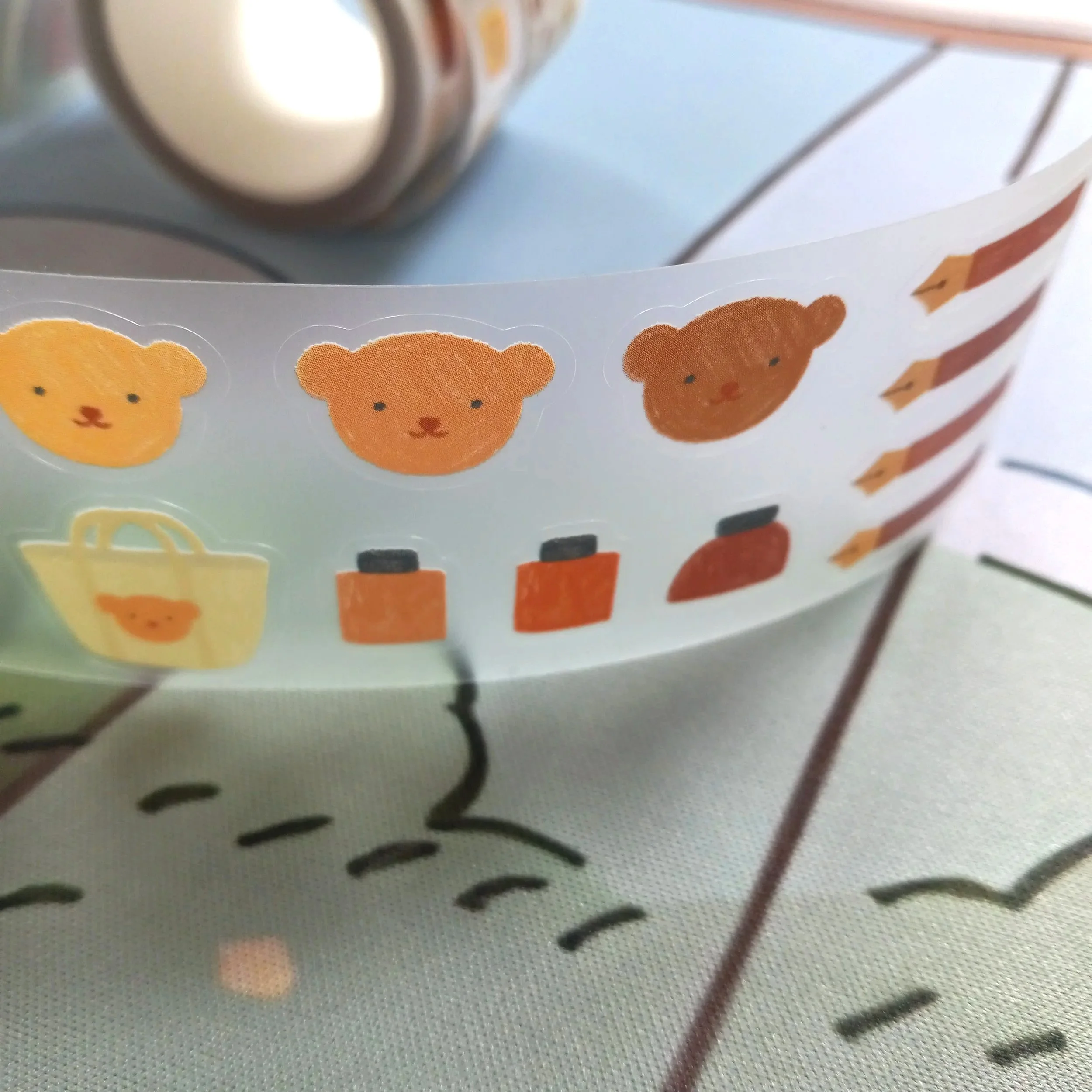 Cute stationery inspired PET tape featuring Bear, fountain pens, journals, and planner accessories by Bloom Paper Studio
