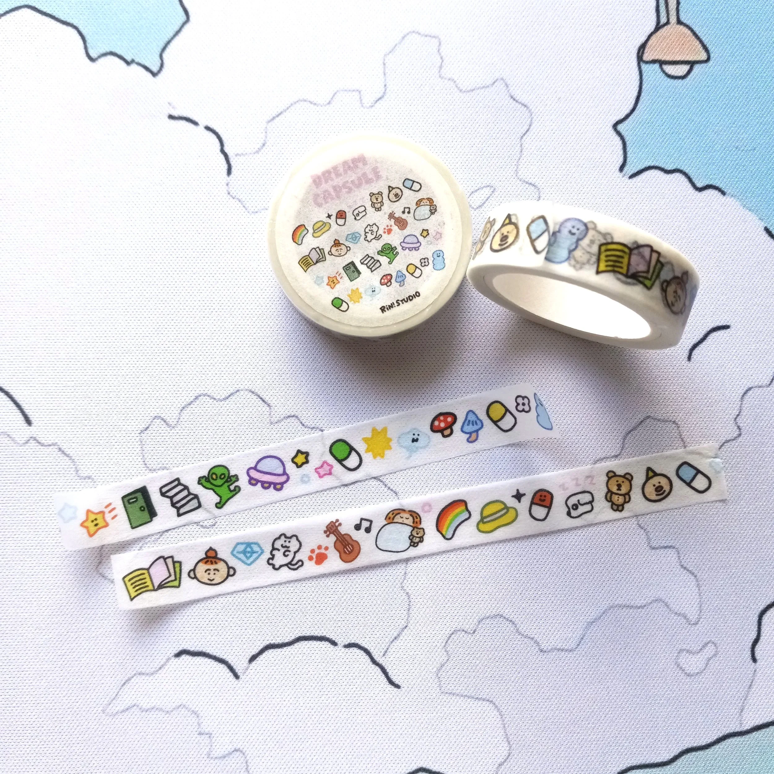 Kawaii washi tape with cute Dream Mini Emoji character designs by RiN! Studio