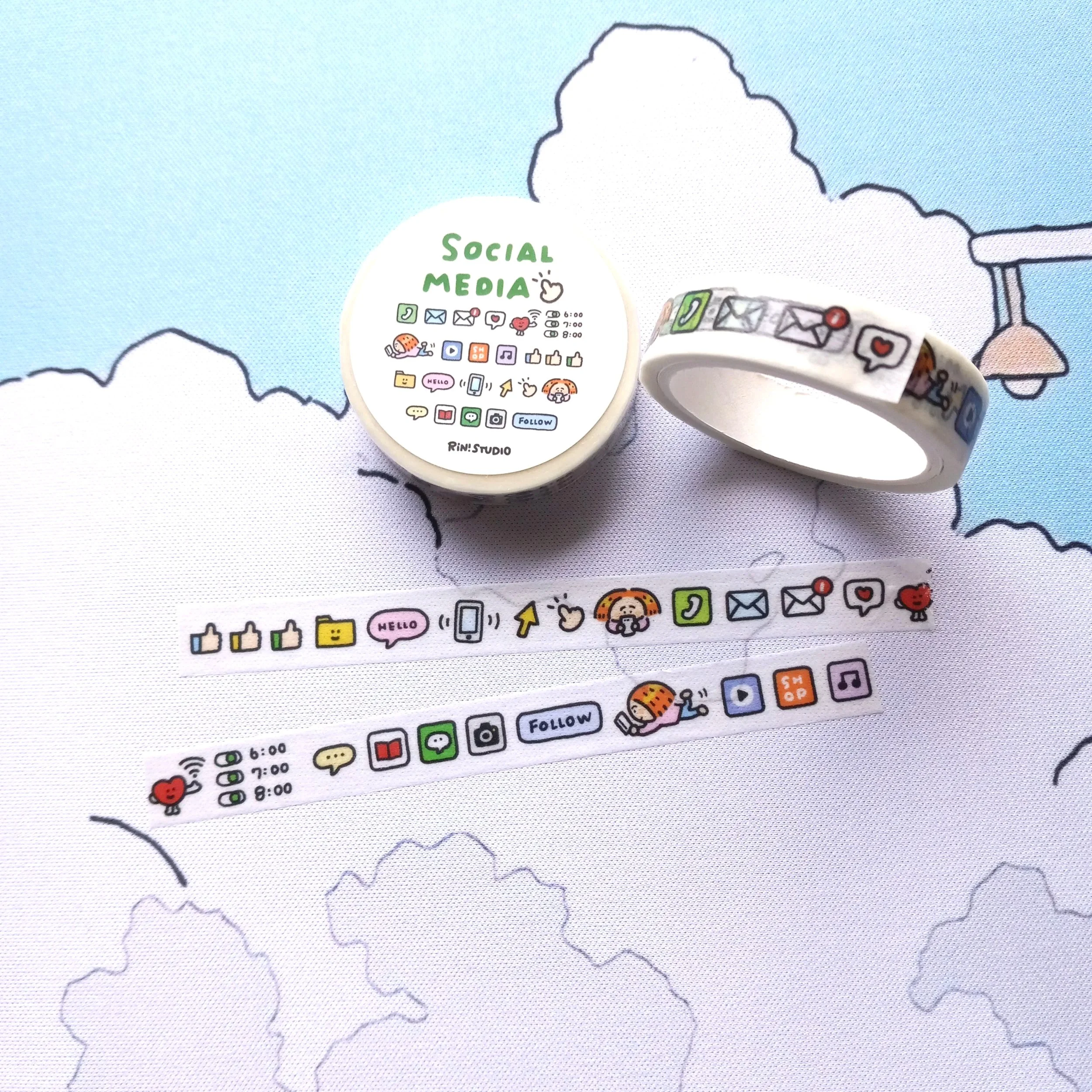 Kawaii washi tape with Social Media themed On My Phone illustration by RiN! Studio