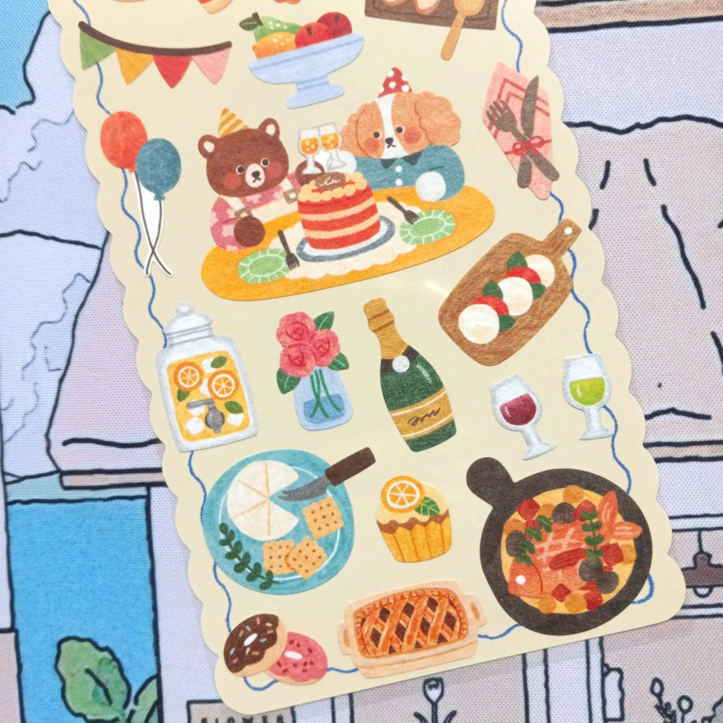 Mind Wave Tummy Happiness Party sticker sheet featuring kawaii party illustrations and cute decorative designs for planners and journals