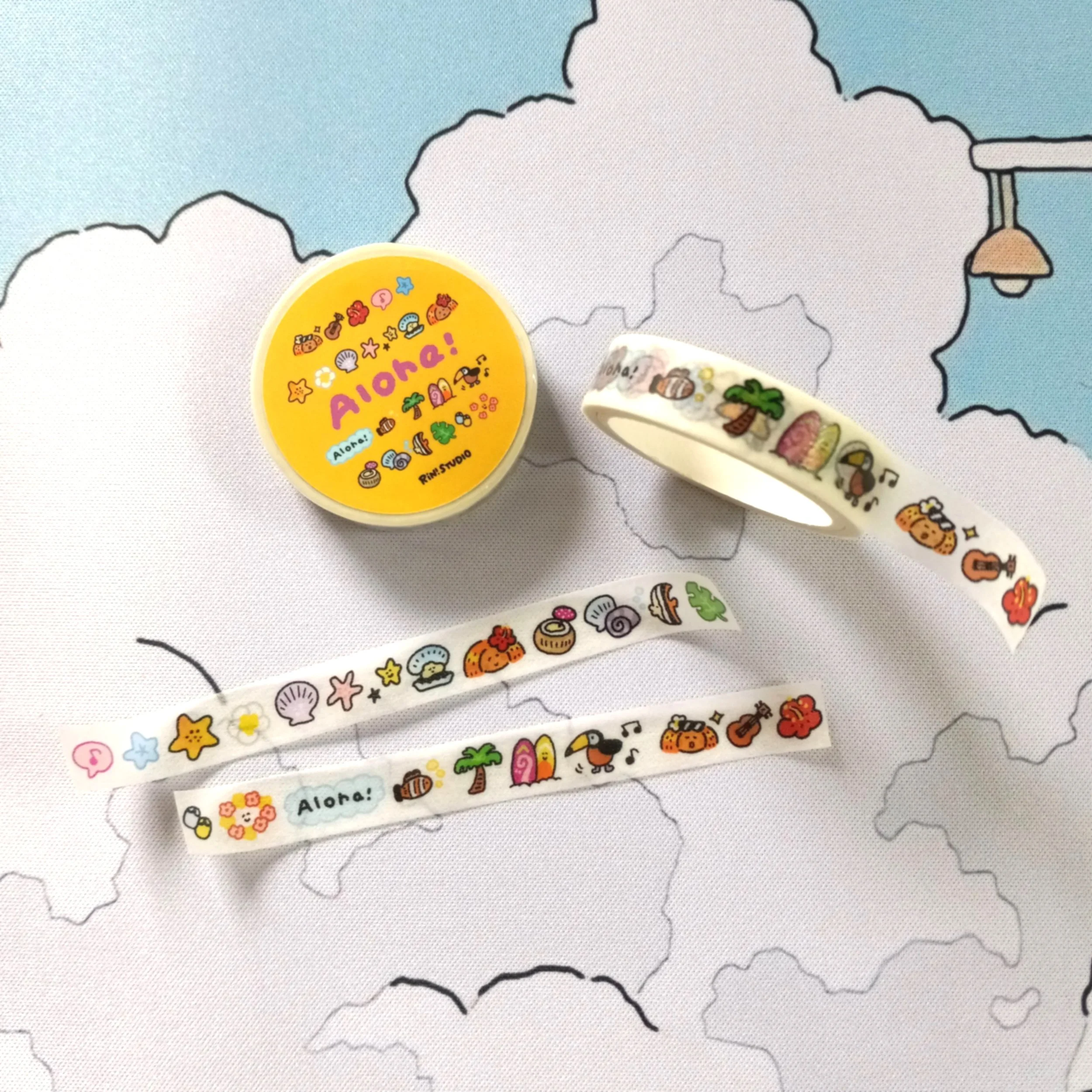 Aloha Hawaii mini washi tape by RiN! Studio featuring tropical island, beach, and summer-inspired illustrations