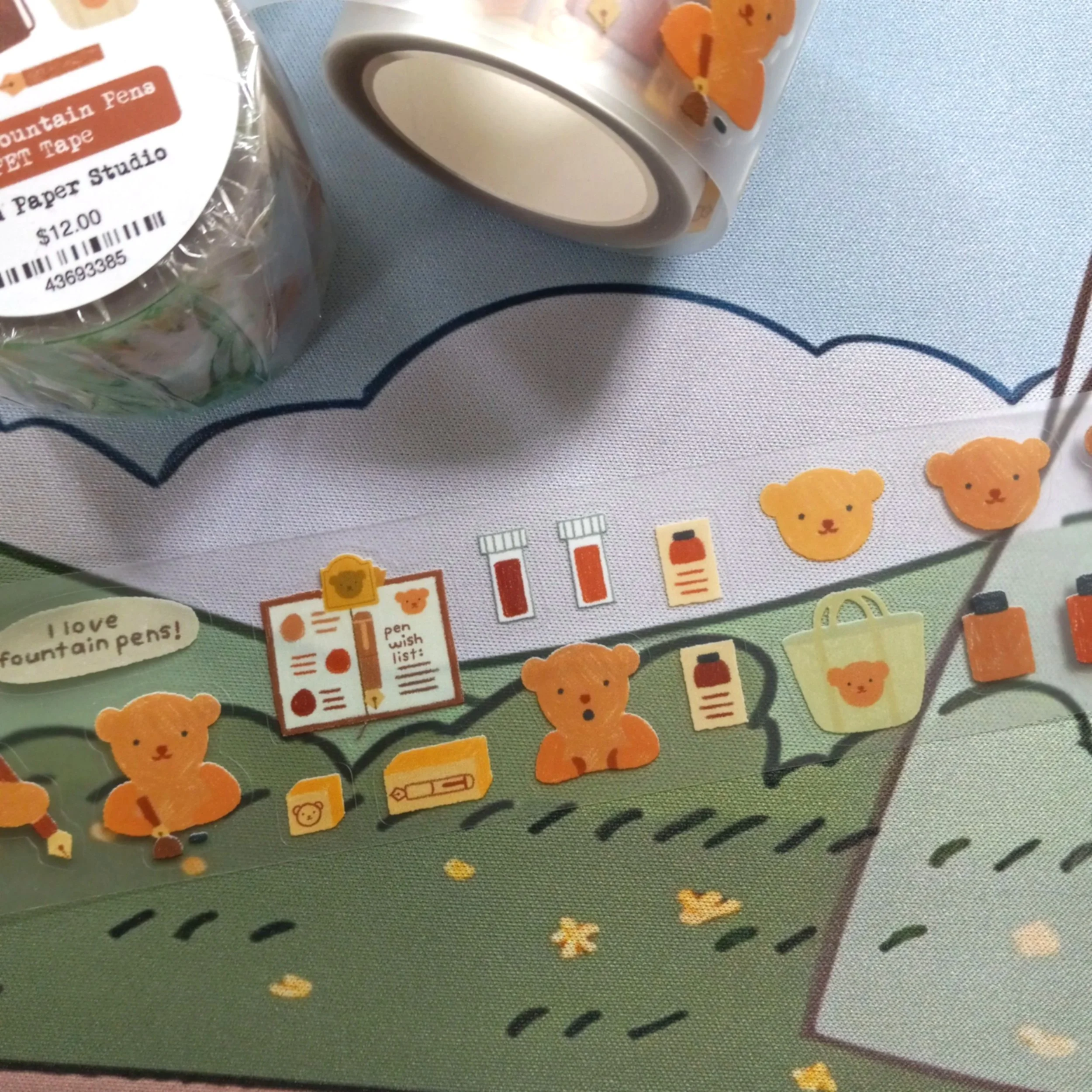 Adorable kiss-cut PET tape featuring Bear, colorful stationery items, and fountain pen journaling scenes