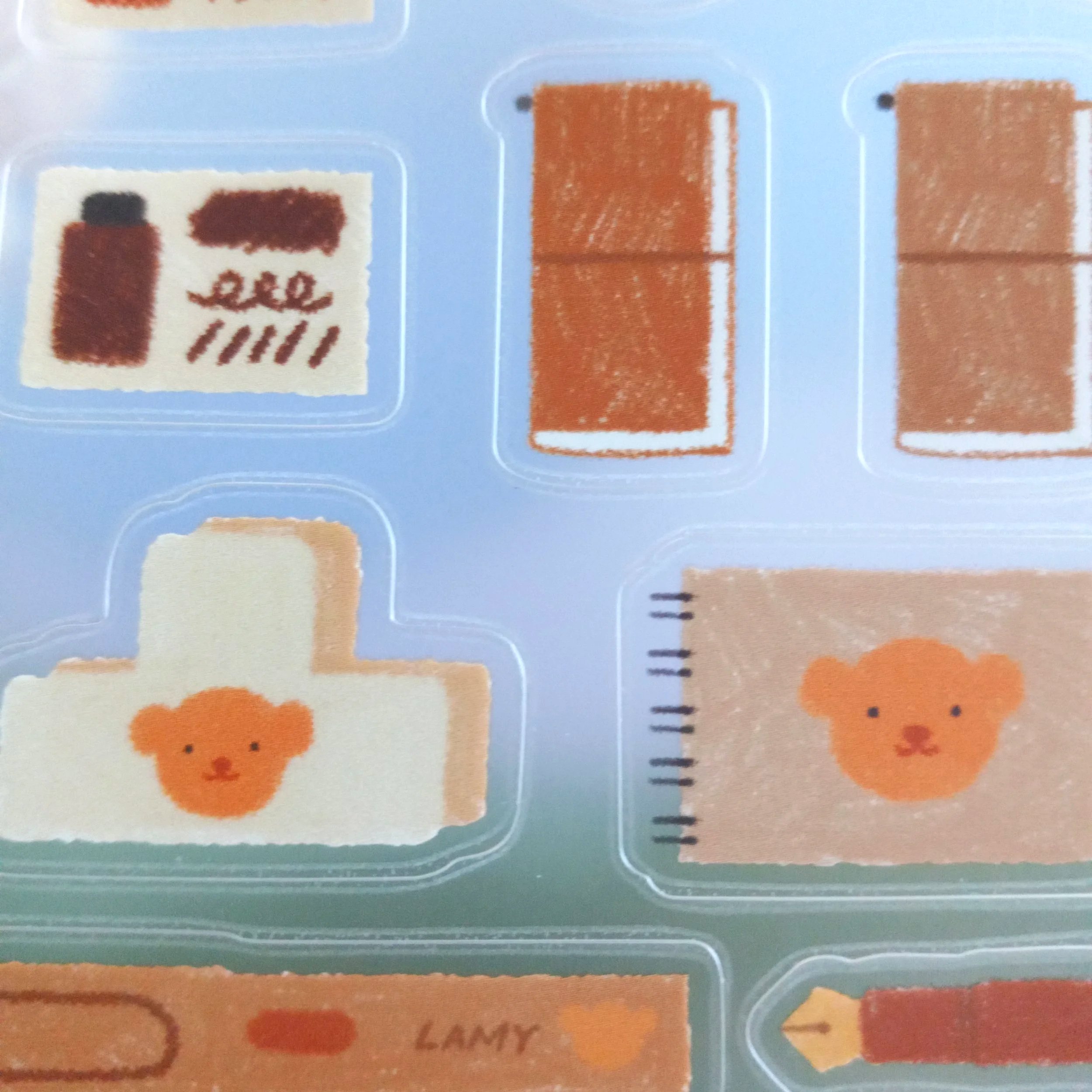 Bloom Paper Studio cozy desk bear PET stickers with warm stationery-inspired designs