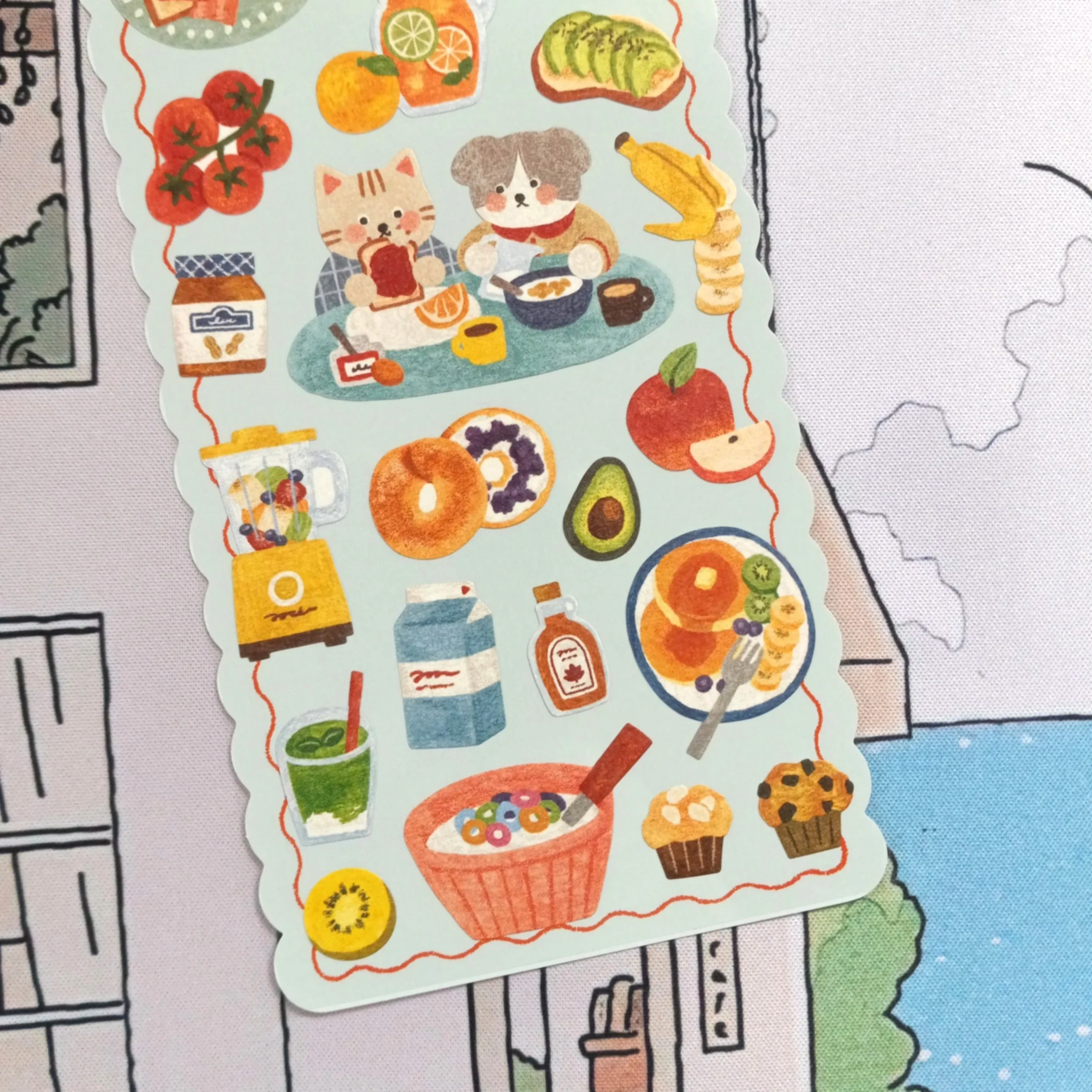 Japanese Mind Wave Tummy Happiness Morning sticker sheet with cute breakfast foods and cheerful animal characters for journaling