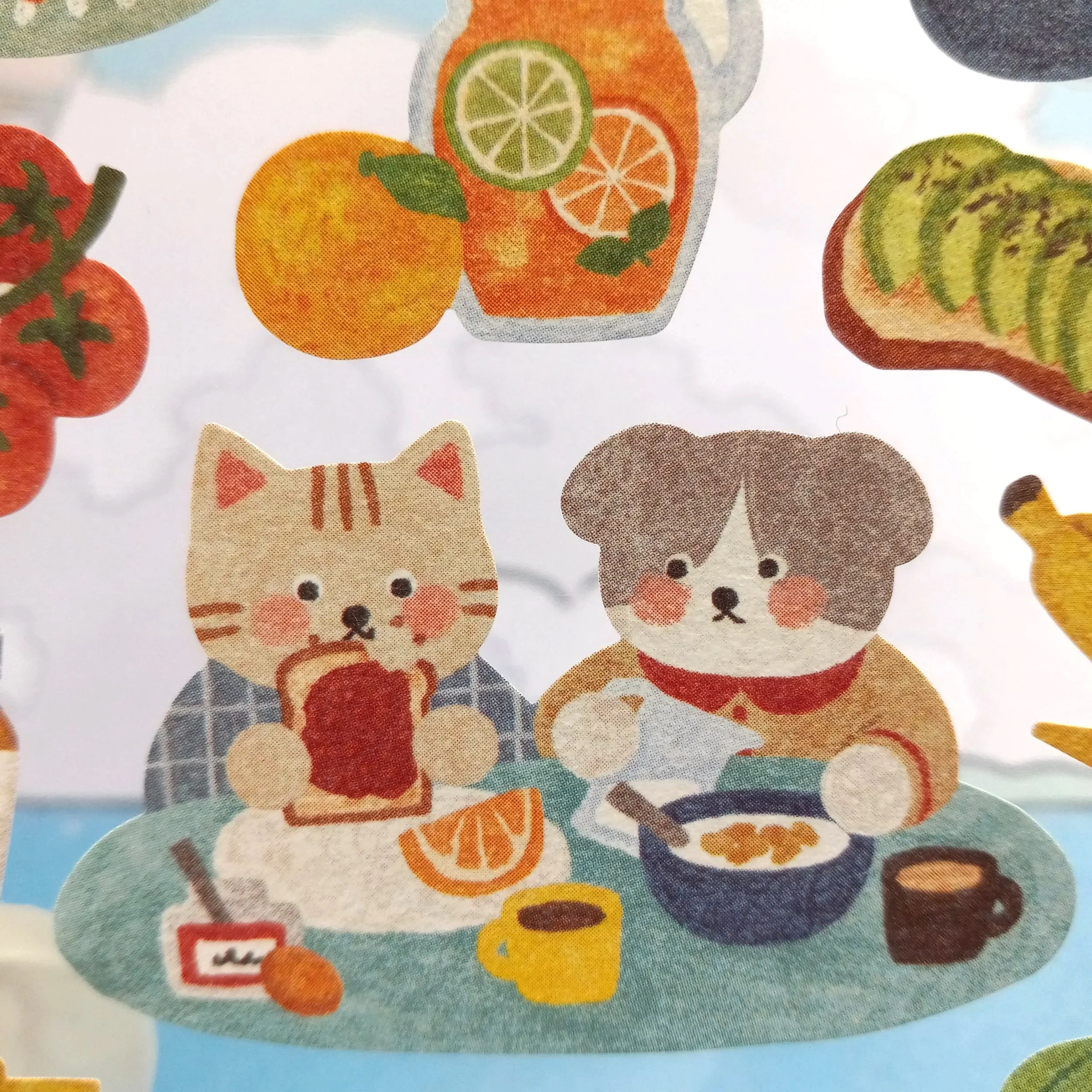 Mind Wave Tummy Happiness Morning sticker sheet featuring kawaii animals eating breakfast foods, perfect for planners, journals, and scrapbook decorating