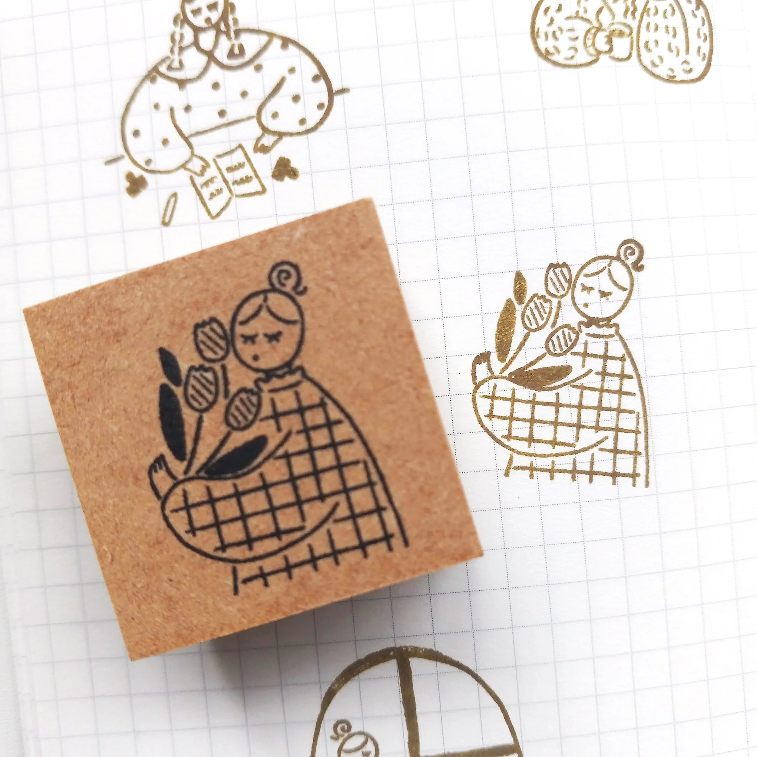 Stamp Marche Bouquet of Tulips rubber stamp on wood block