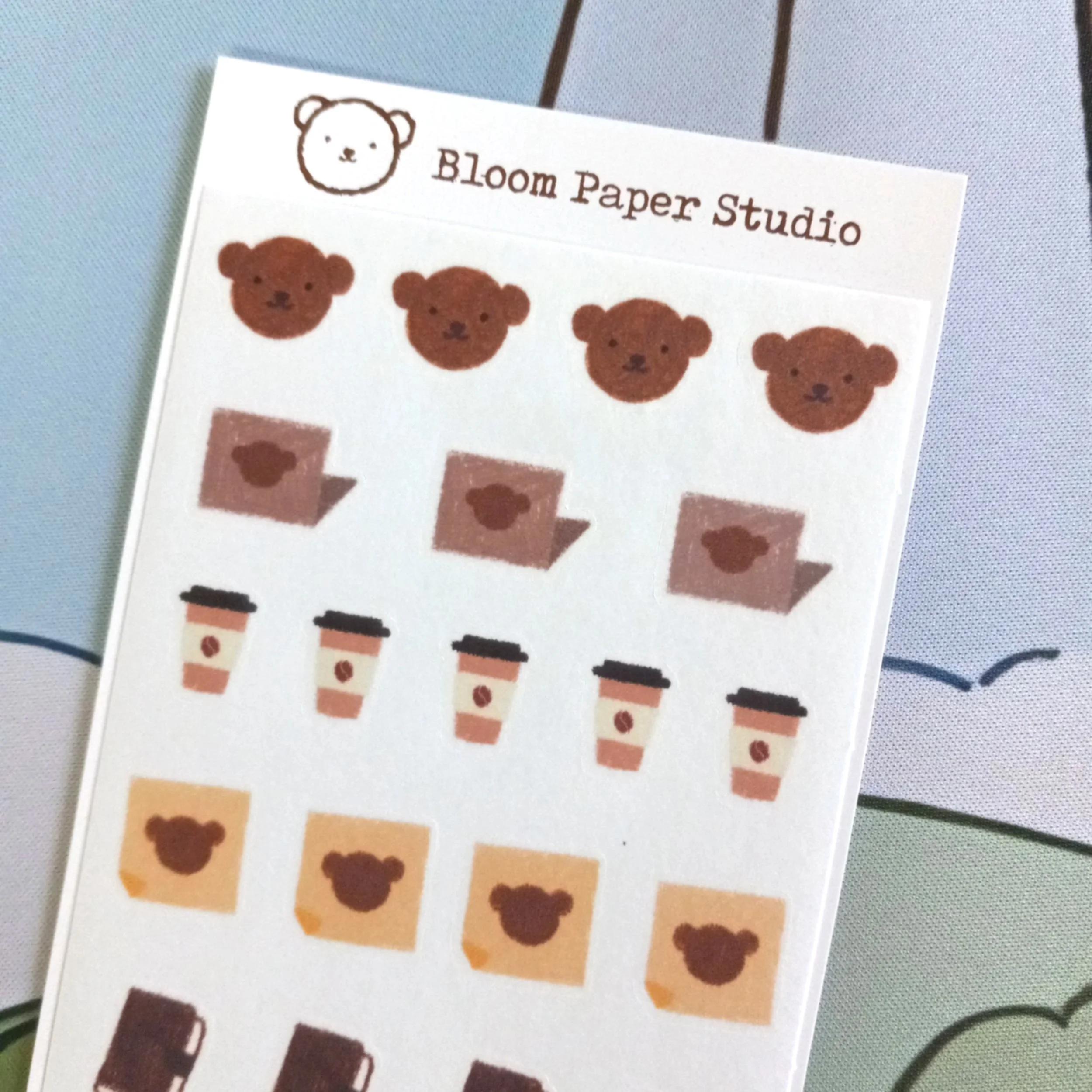 Choco’s Daily Life washi stickers by Bloom Paper Studio featuring bears, coffee cups, and laptops