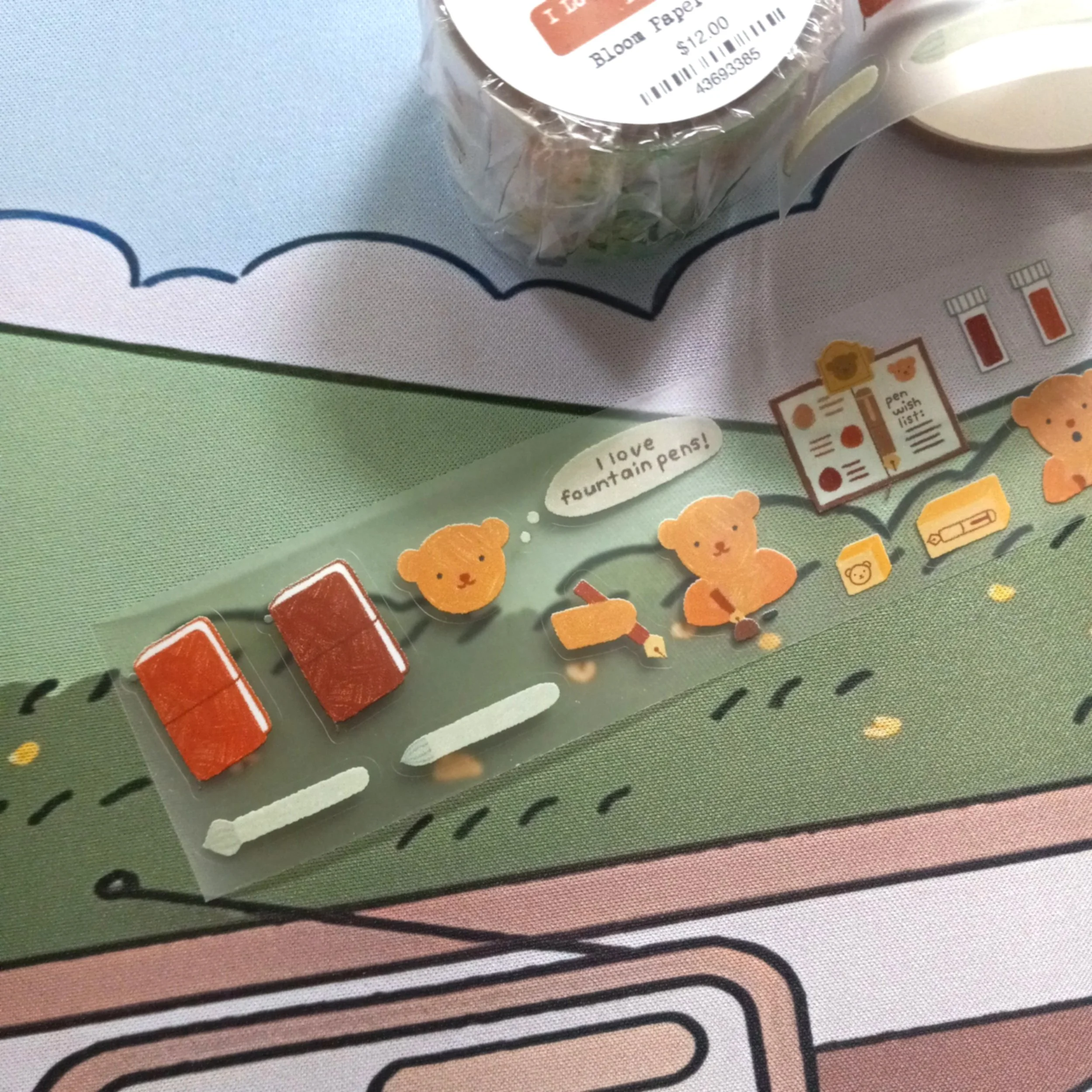 Bloom Paper Studio clear matte kiss-cut tape with adorable Bear illustrations, fountain pens, and journal decor elements