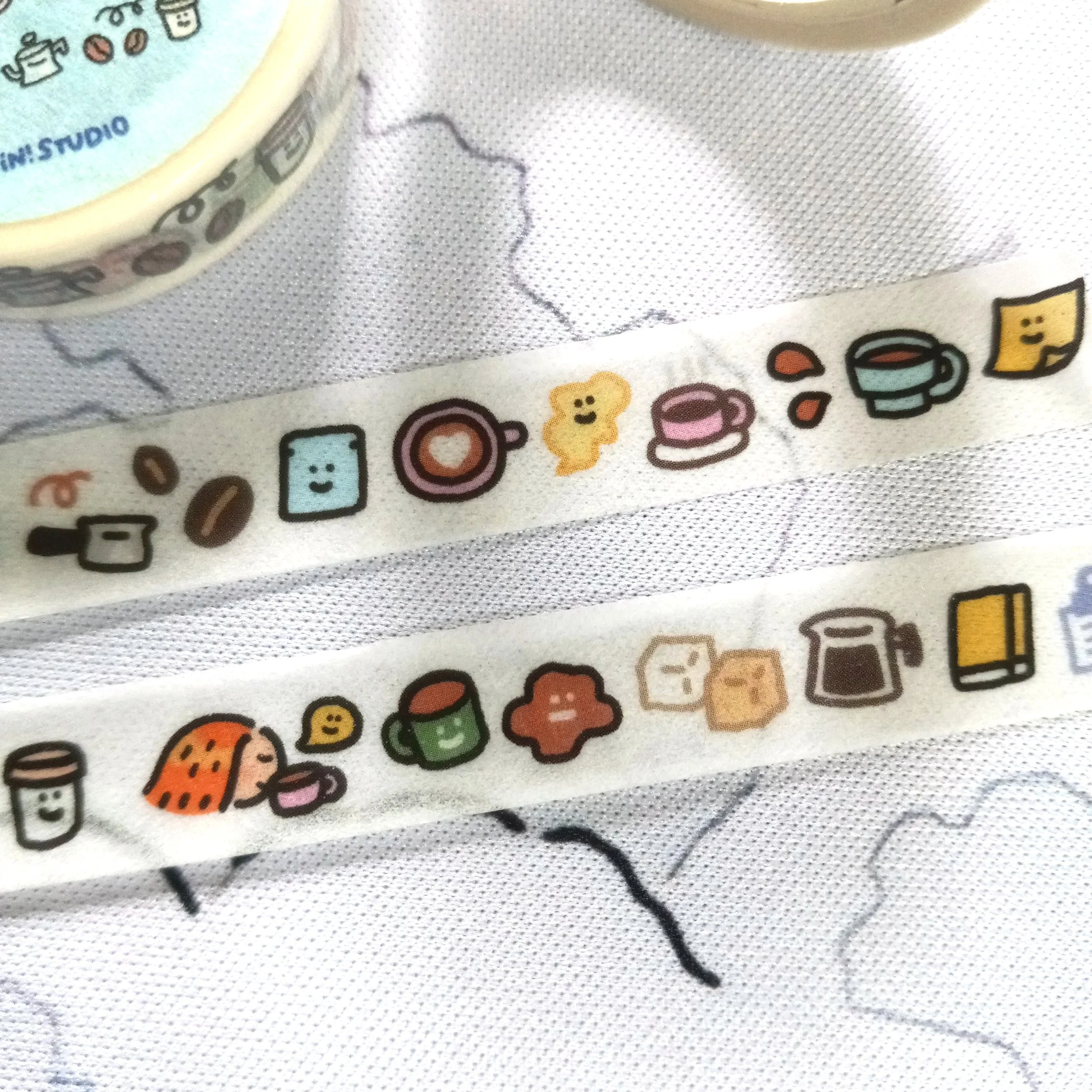 Kawaii Coffee mini washi tape by RiN! Studio showcasing fun café-inspired emoji characters for creative journaling