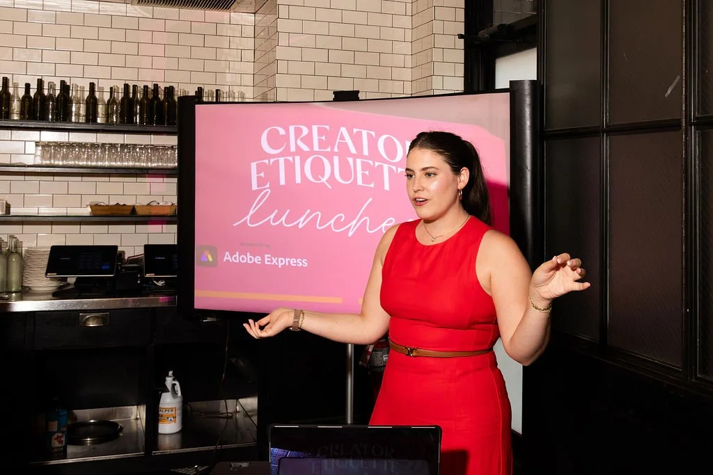 Gigi Robinson speaking at a Creator Etiquette luncheon with Adobe Express