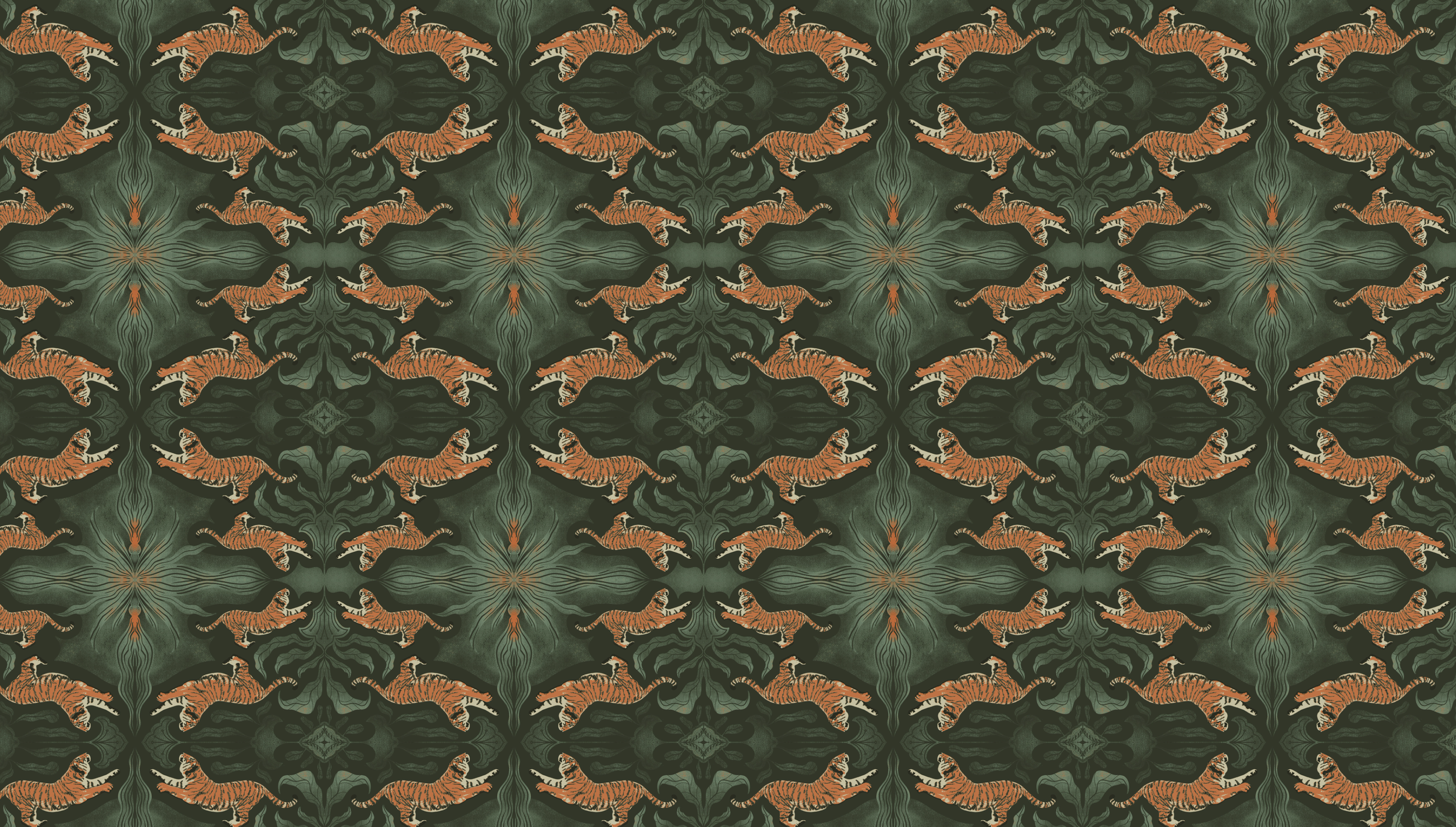 Pattern of tigers and swirling green designs.