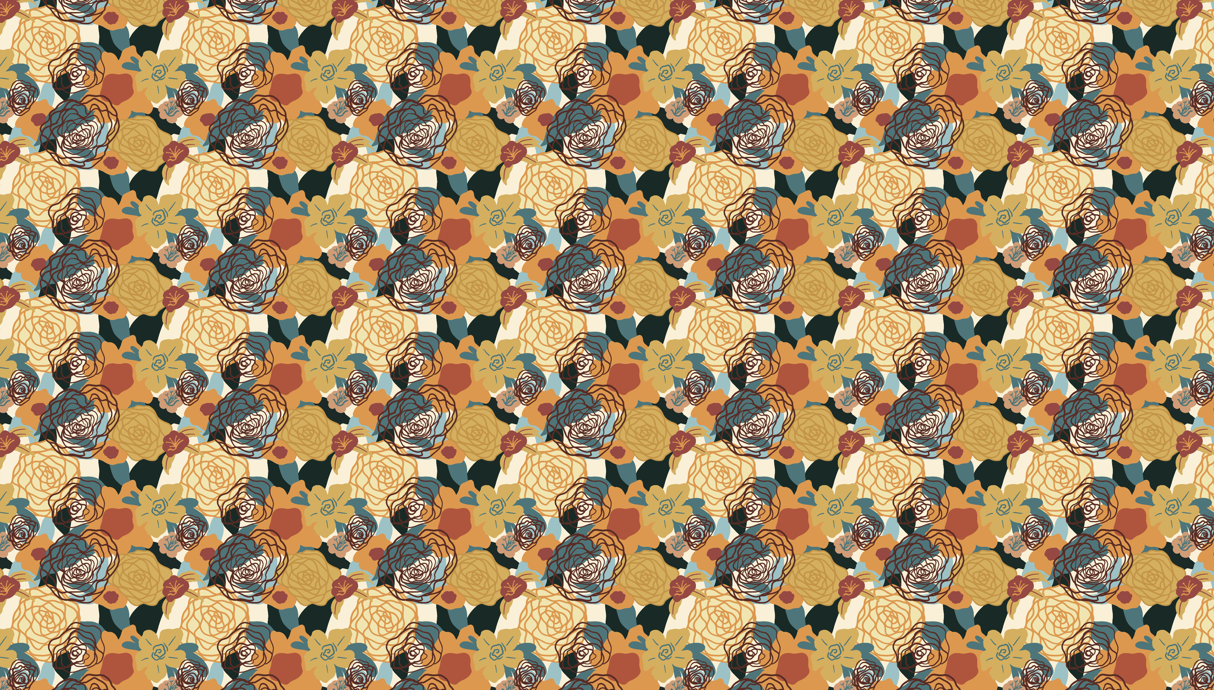 A seamless pattern of colorful flowers including roses and other blossoms in shades of yellow, orange, black, and blue.