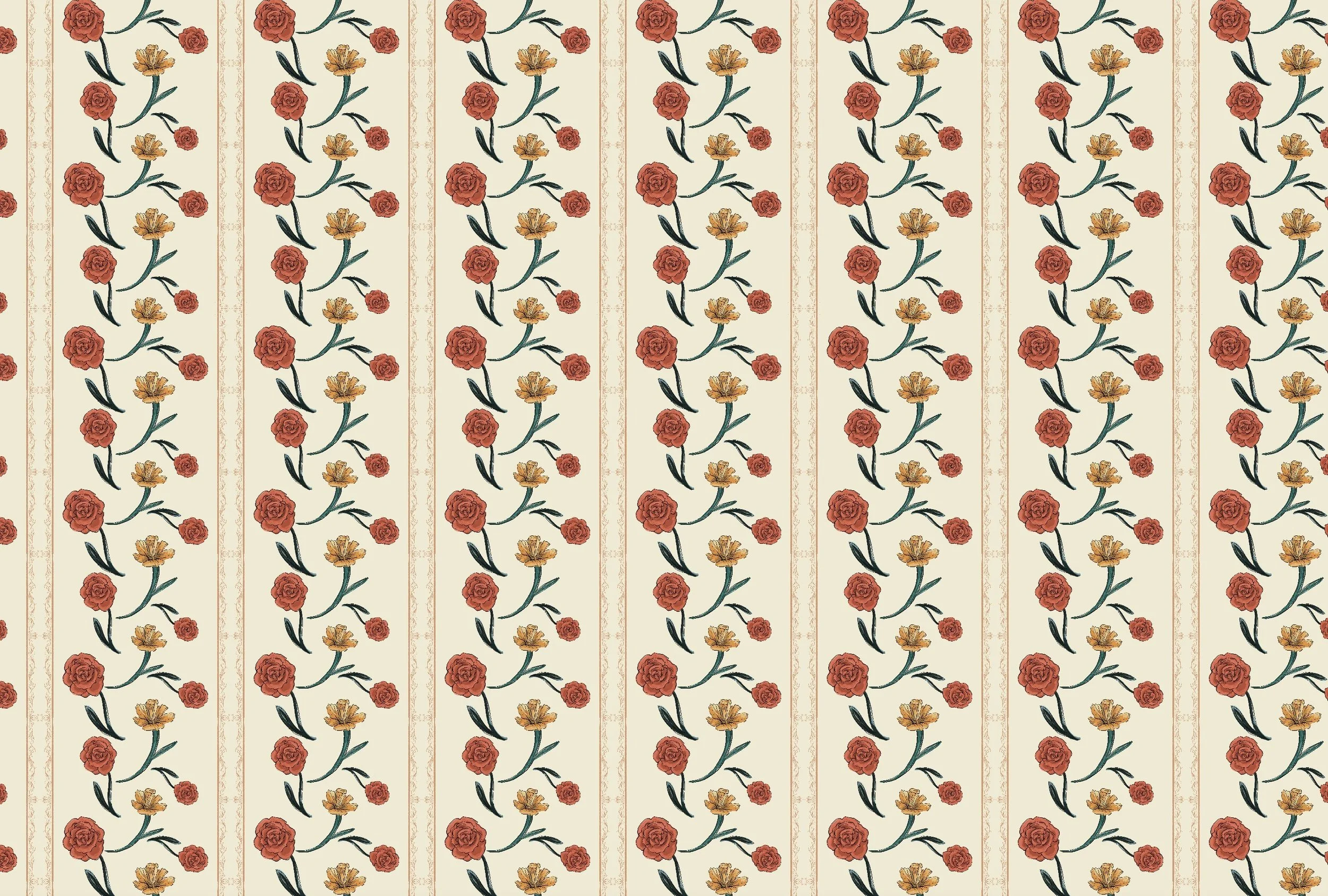 A repeating pattern of vertical stripes with floral designs, featuring red roses, yellow flowers, green stems, and dark green leaves on a beige background.
