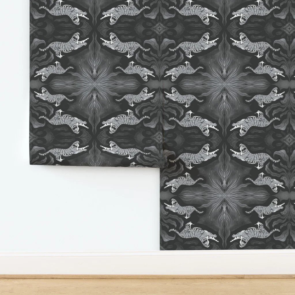 Kaleidoscope Tigers-Ornamental Symmetrical Big Cat Pattern Grey