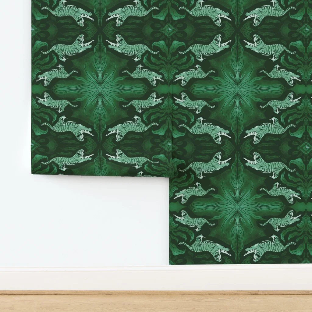 Kaleidoscope Tigers-Ornamental Symmetrical Big Cat Pattern Green
