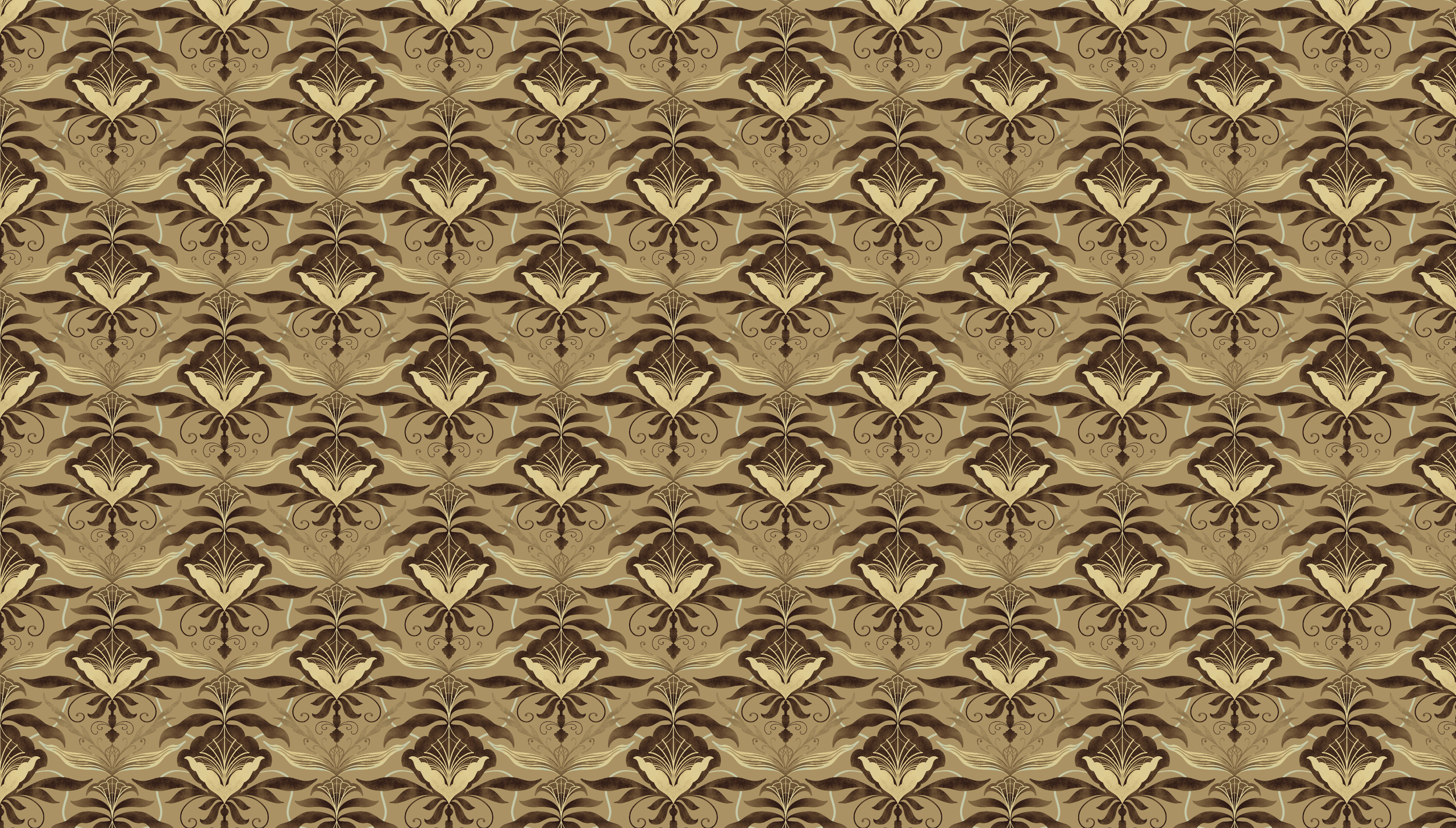 A repeating pattern featuring ornate floral and leaf designs in shades of brown, tan, and beige. The pattern appears vintage and decorative, with symmetrical motifs.