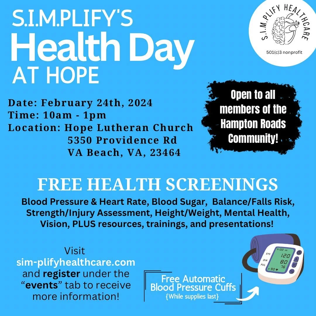 So excited to announce our first FREE screening event of 2024 coming up in just under 3 weeks! Live in Hampton Roads? Come on out to this event for free screenings, resources, health presentations, and other free stuff! Get a FREE automatic blood pre