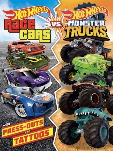 Book cover: Hot Wheels: Race Cars vs. Monster Trucks 100% Officially Licensed by Mattel, Activities, Tattoos, & Press-Out Cards for Kids Ages 4 to 8 by Mattel
