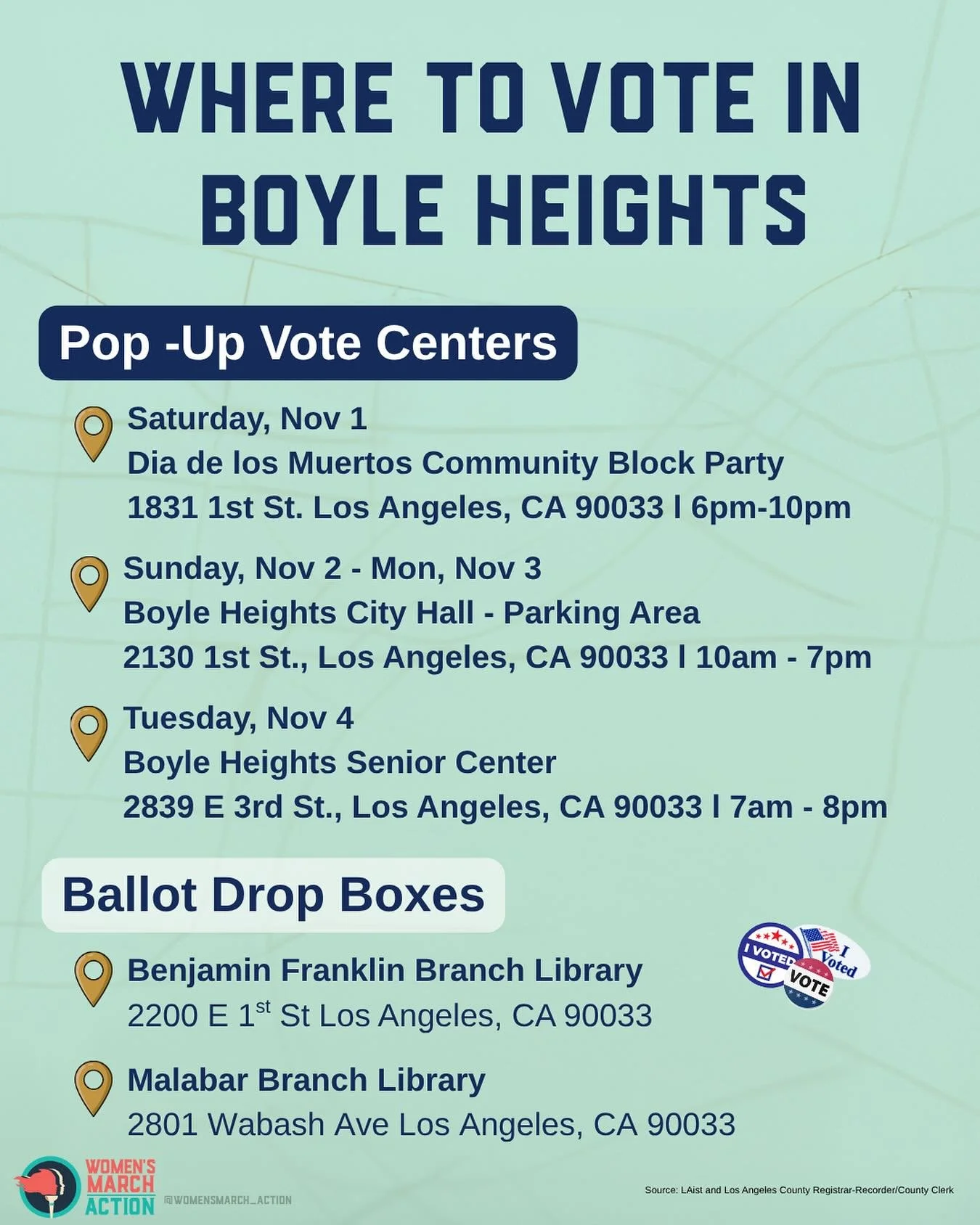 🗳️ Early voting has started in California, and if you live in Boyle Heights, here is a list of in-person voting centers and ballot drop boxes. 

🔗  Find A Voting Center: https://locator.lavote.gov/locations/vc?culture=en

#Vote #ElectionsMatter #Sh
