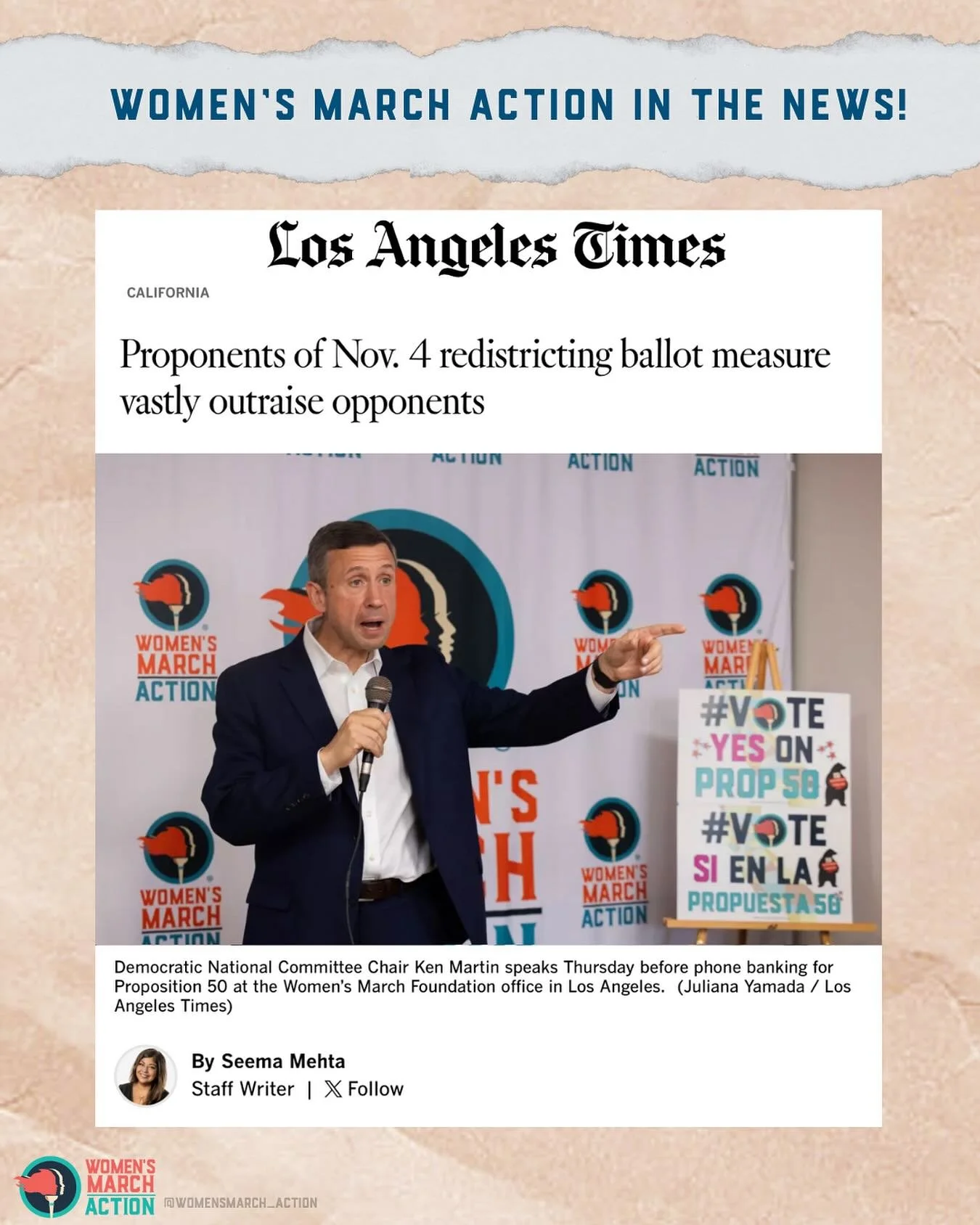 🚨 Excited to see Women&rsquo;s March Action represented in @latimes during our Latino phone banking event, where the DNC Chair stopped by.

🔗 Link to Article: https://www.latimes.com/california/story/2025-10-27/proponents-of-nov-4-redistricting-bal