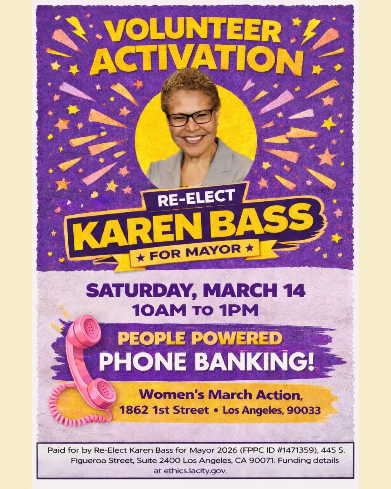 🚨 LOS ANGELES! Join us Saturday from 10AM&ndash;1PM at our Boyle Heights office for a special phone banking event to re-elect Karen Bass as Mayor of Los Angeles.

Celebrate Women&rsquo;s History Month by showing up for our first voter activation of 