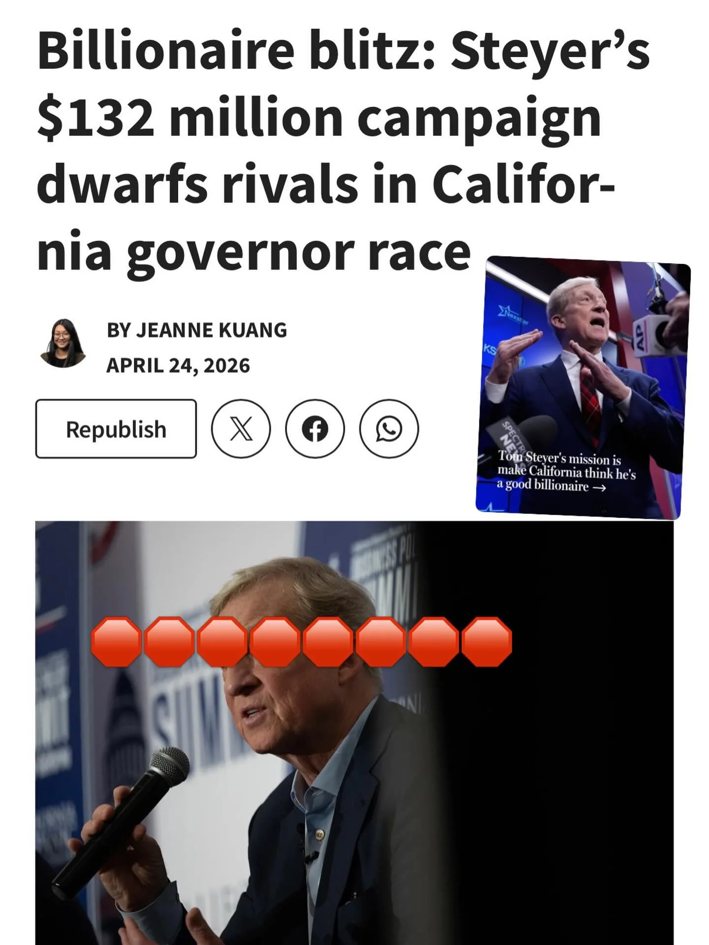 Weekend PSA: 🫠🫠

Don&rsquo;t let billionaires buy their way into office. 
It never ends well for the working class. 👏👏 never! 

Tom Steyer dropped $340 million on his 2020 presidential run&mdash;and now he&rsquo;s already poured $132 million into
