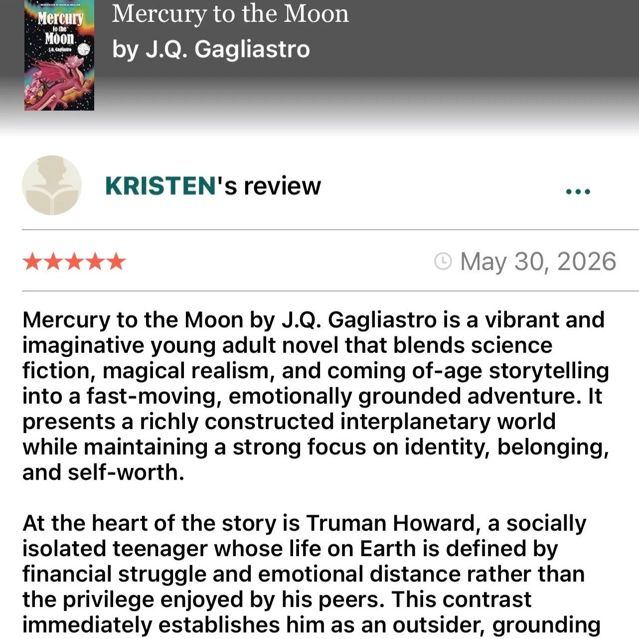 Mercury to the Moon Receives a Stellar 5-Star Review!