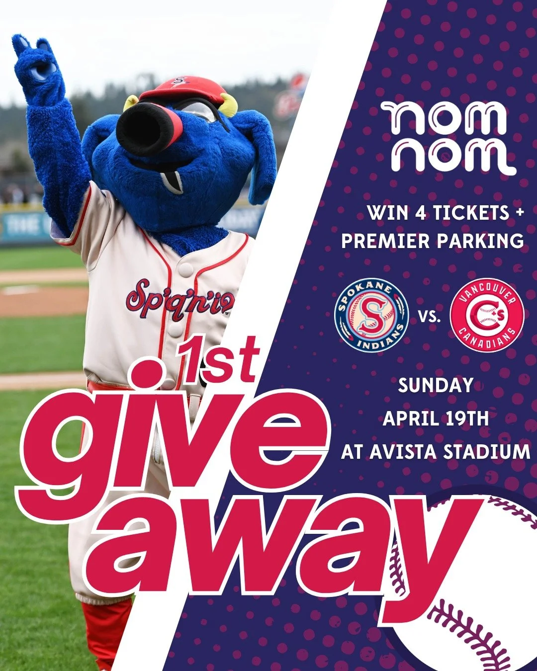 GIVEAWAY 1 &mdash; SWING INTO SUMMER! 

One lucky fan will win the ultimate summer night out curtesy of nomnom:
&bull; 4 tickets to the @spokaneindiansbaseball game
&bull; Premier Parking at Avista Stadium

Game Info:
&bull; Sunday, April 19th @ 1:05