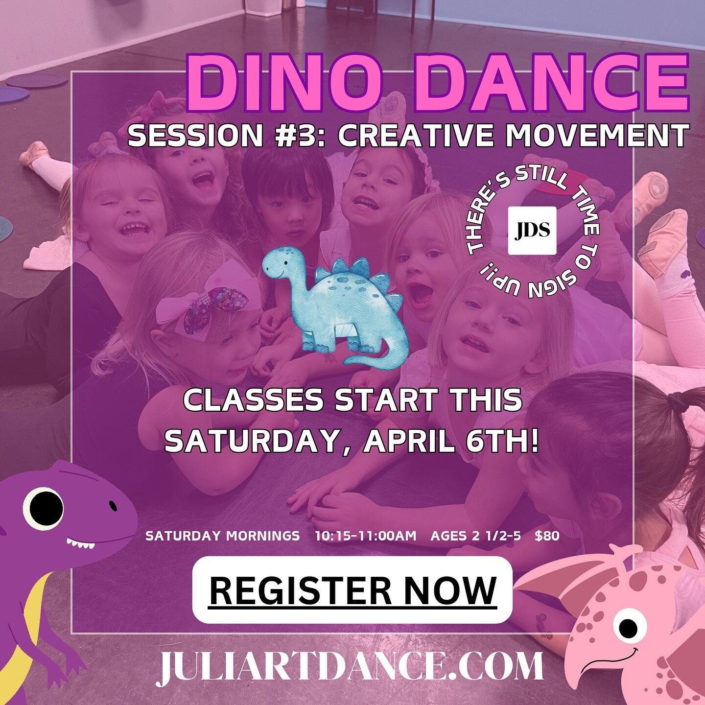 There&rsquo;s still time to sign up for DINO DANCE! Classes start this Saturday, April 6th - REGISTER NOW! 💜🦕💗

juliartdance.com
&bull;
&bull;
&bull;
#juliartdancestudio #juliartdance #dinodancecamp #creativemovement #kidsdanceclass #danceclassesi