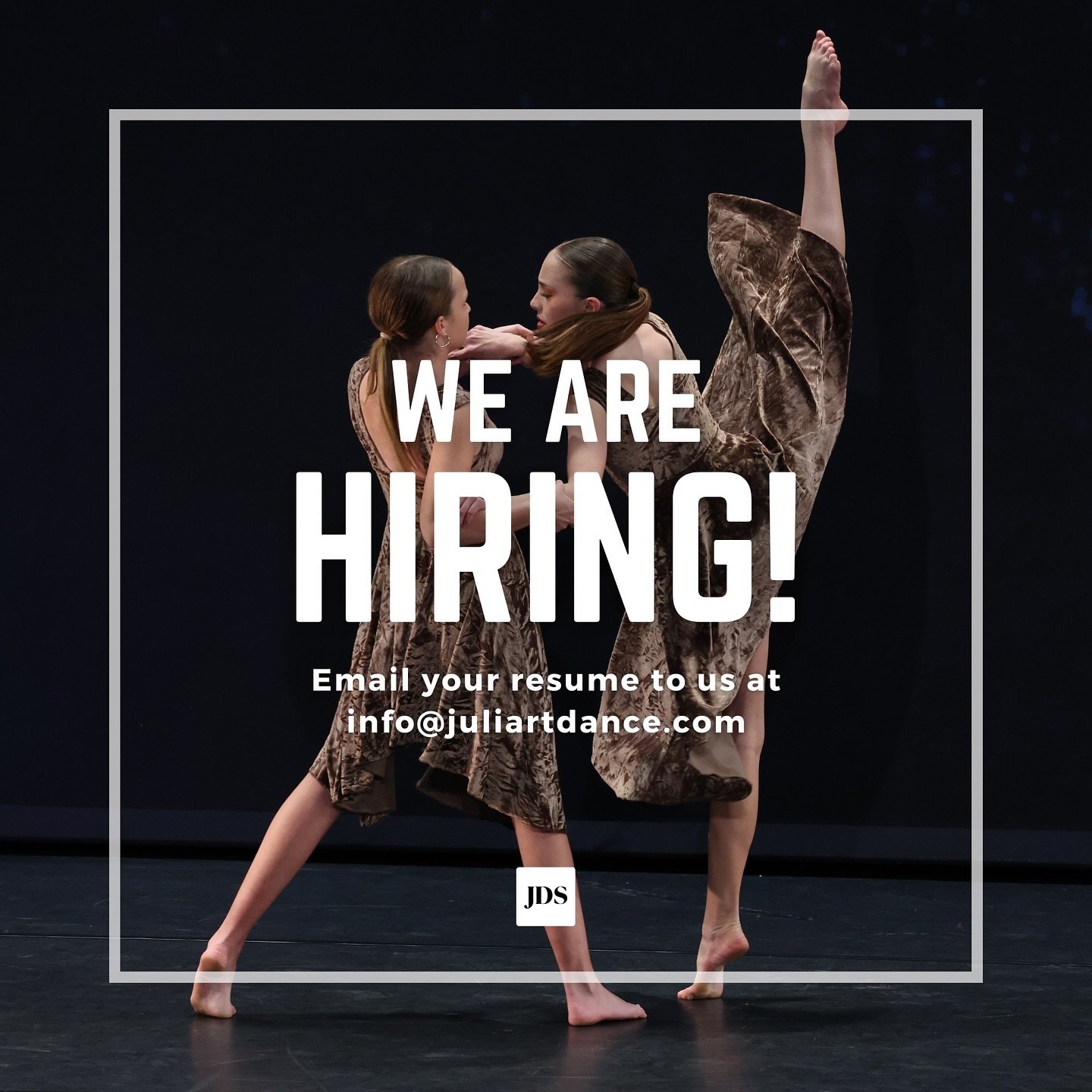 We&rsquo;re hiring! ✨

Interested in joining the Juliart fam!? Send your resume over to info@juliartdance.com - We&rsquo;d love to chat with you!
&bull;
&bull;
&bull;
#juliartdancestudio #juliartdance #hiringdanceteachers #danceteacherhiring #hiringd