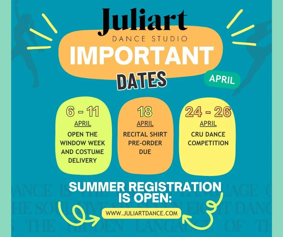 📅 April at Juliart 

✨ April 6 &ndash; Back to dance!
✨ April 6&ndash;11 &ndash; Open the Window Week + Costume Distribution
  Parents can join the last 10 min to view &amp; video 🎥
✨ April 18 &ndash; Recital shirt orders due
✨ April 24&ndash;26 &n