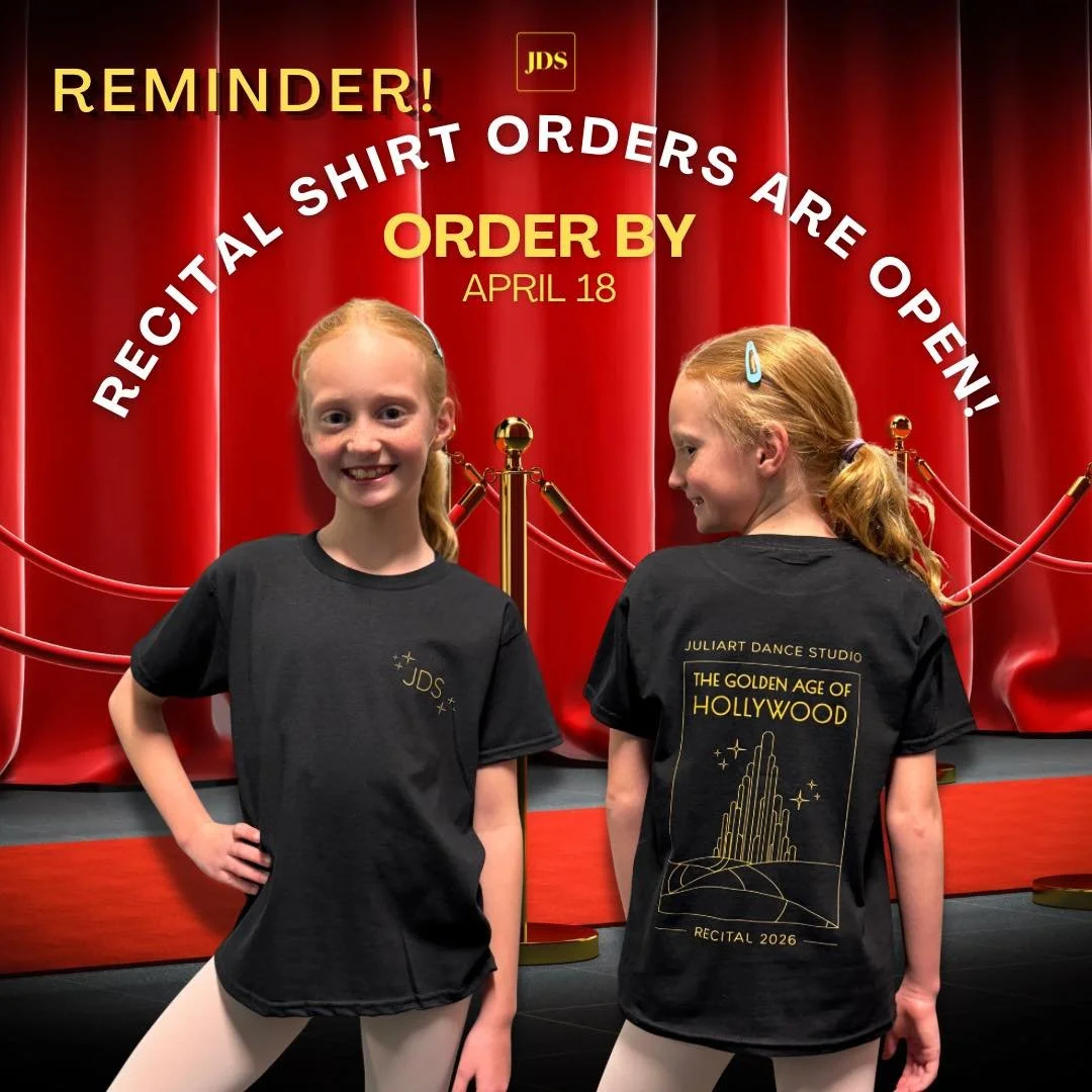 👕✨ RECITAL TEE SHIRT ORDER DEADLINE THIS WEEK! ✨👕

Juliart families! Don&rsquo;t miss your chance to grab a recital tee shirt &mdash; orders are due by Saturday, April 18th, and this is the ONLY opportunity to order!

Order forms were sent home wit