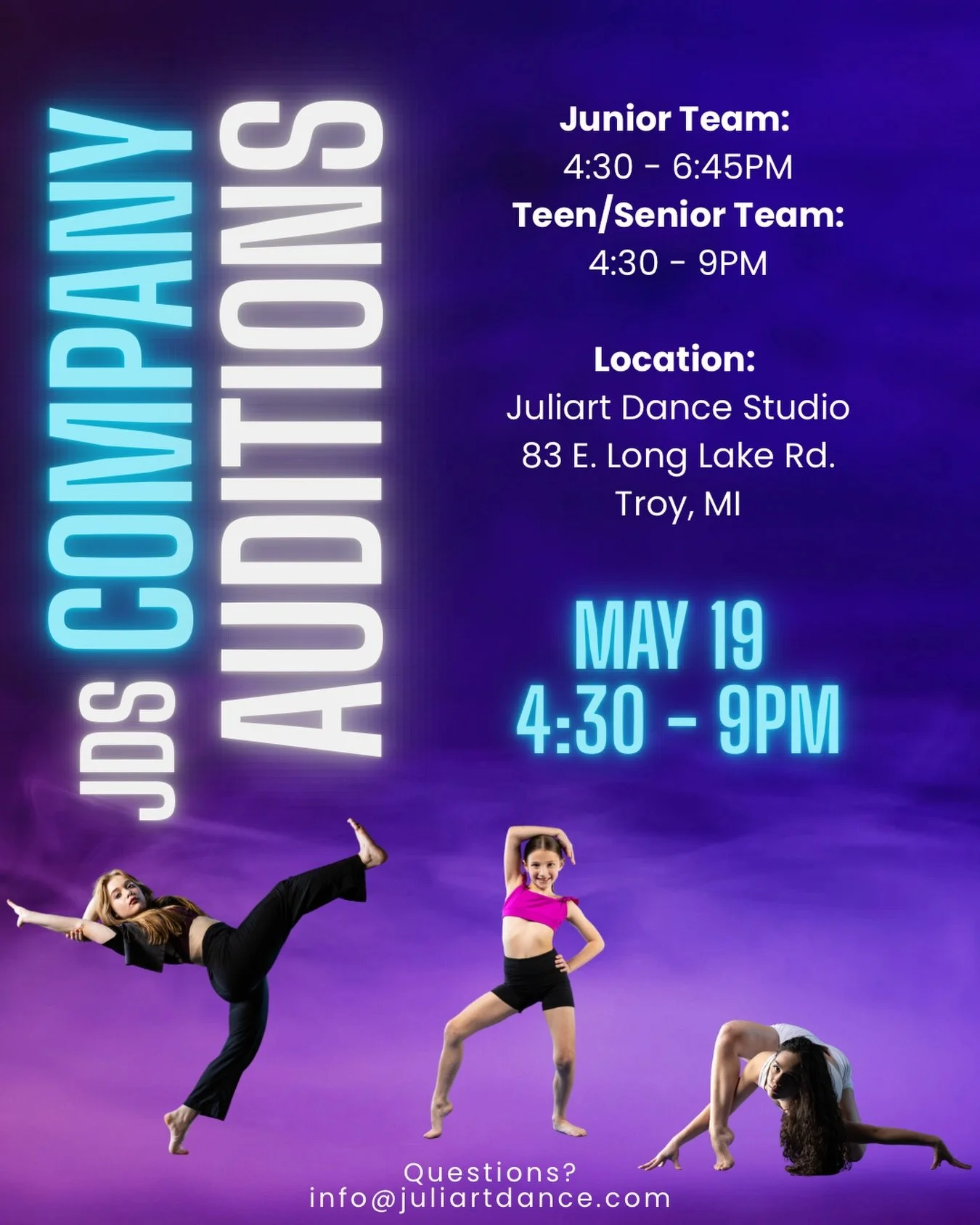 This could be YOUR year. 💫

We&rsquo;re holding Company Auditions for our Junior, Teen &amp; Senior teams and we&rsquo;d love to see YOU on that floor.

Details:
📅 May 19 | 📍 Juliart Dance Studio
⏰ Junior: 4:30&ndash;6:45PM | Teen/Senior: 4:30&nda