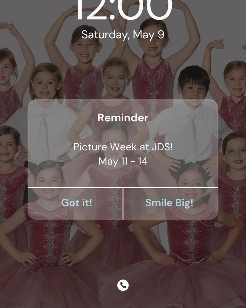 🚨REMINDER!

Picture Week is coming up at Juliart Dance Studio!

Don't forget, dancers should arrive in full costume, hair, and makeup (if applicable) on their regular class day between May 11 - 14. Please check your email for more detailed informati
