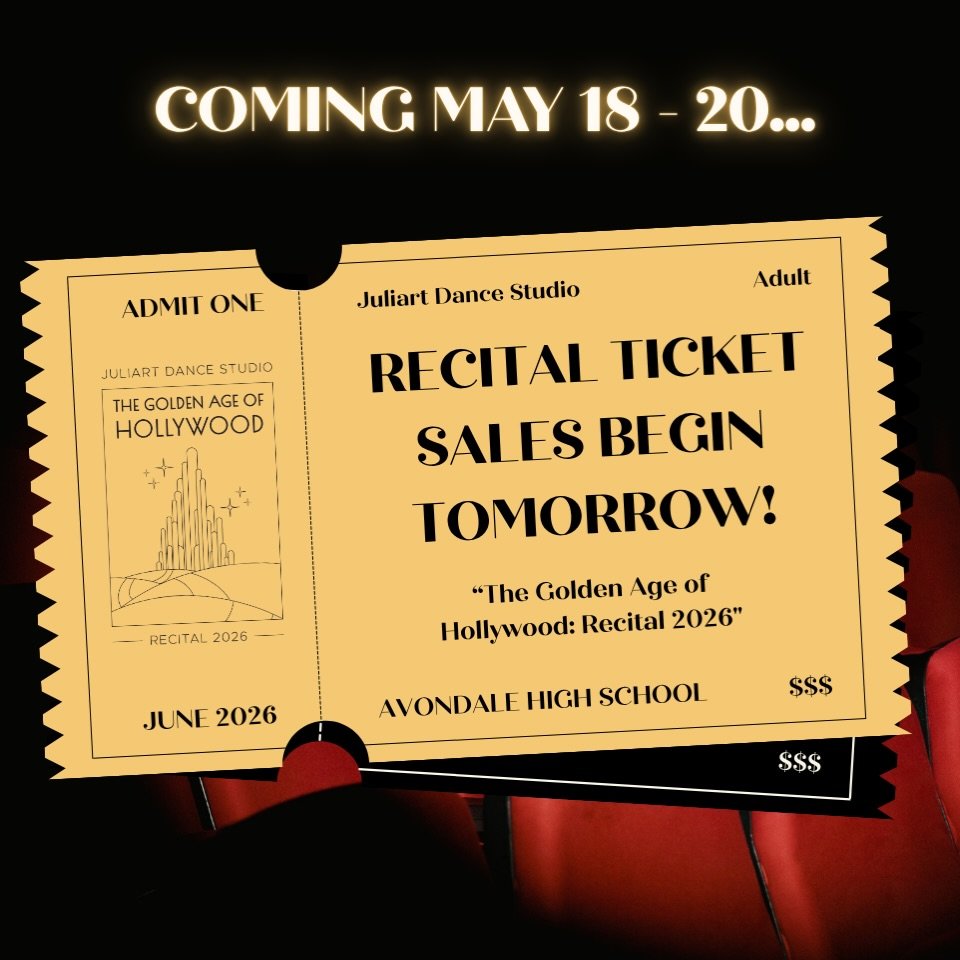 🚨REMINDER: Recital Tickets go on sale this week!

Check your email inbox as purchase links will be emailed out to all families.

Here&rsquo;s when each show&rsquo;s tickets will be available:
Friday, 6/12 - Evening Show: On sale Monday at 9 AM
Satur