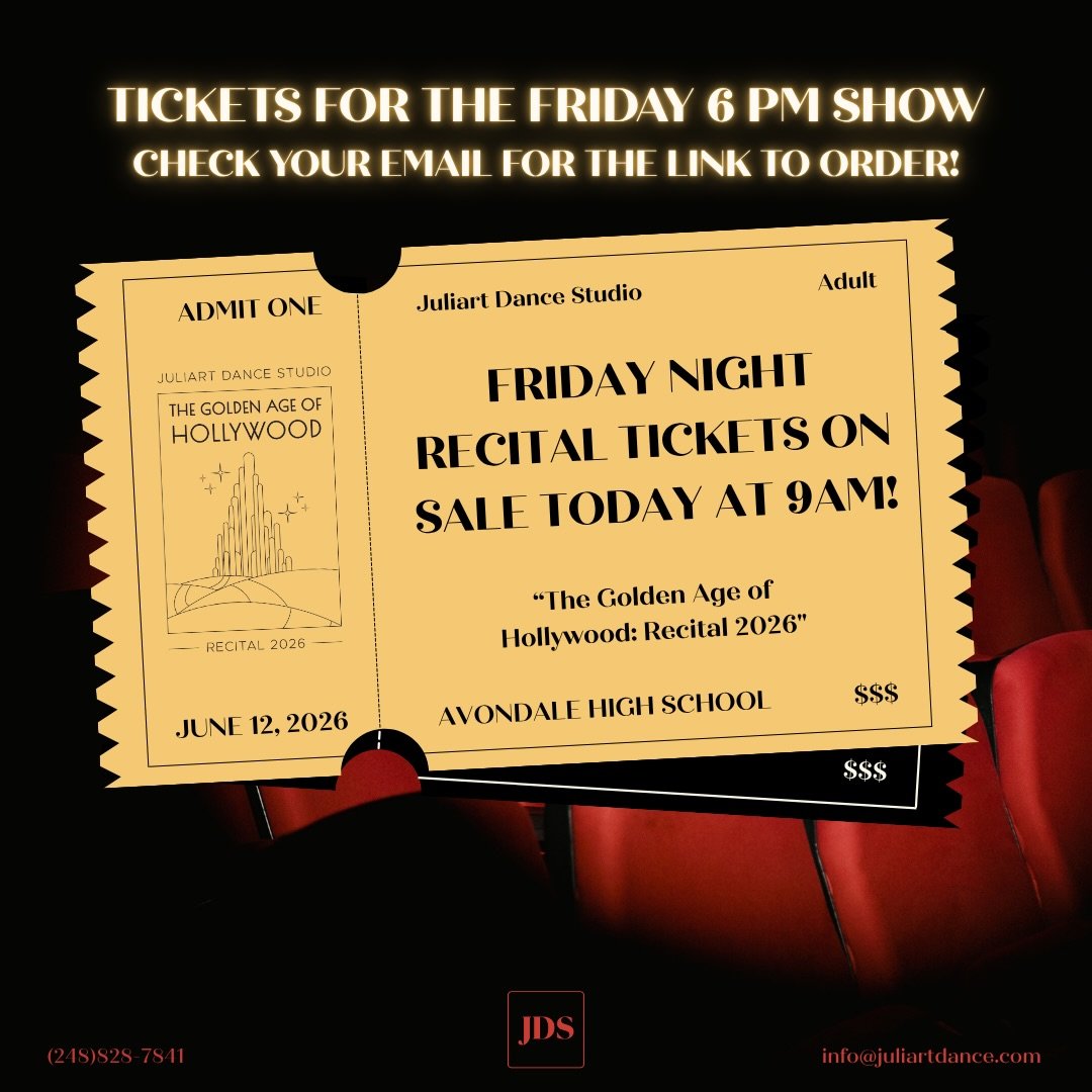 Our Friday evening recital tickets go on sale
TODAY!

Tickets for our Friday night Recital on June 12th at 6:00
PM will be available starting today at 9:00 AM!

Be sure to check your email at 9:00 AM for the ticket link!

#RecitalSeason #DanceRecital