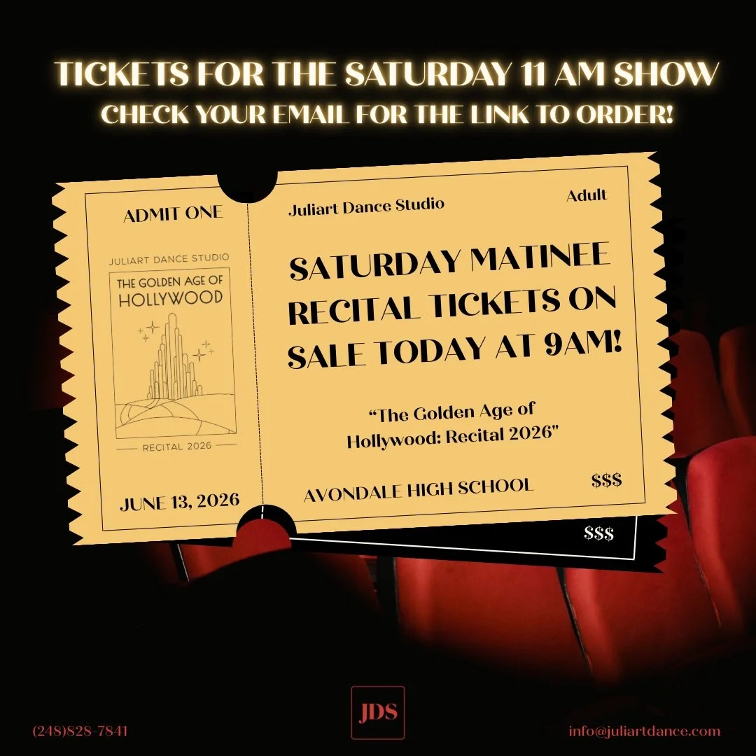 Our Saturday matinee recital tickets go on sale
TODAY!

Tickets for our Saturday Recital on June 13th at 11:00
AM will be available starting today at 9:00 AM!

Be sure to check your email at 9:00 AM for the ticket link!

#RecitalSeason #DanceRecital2