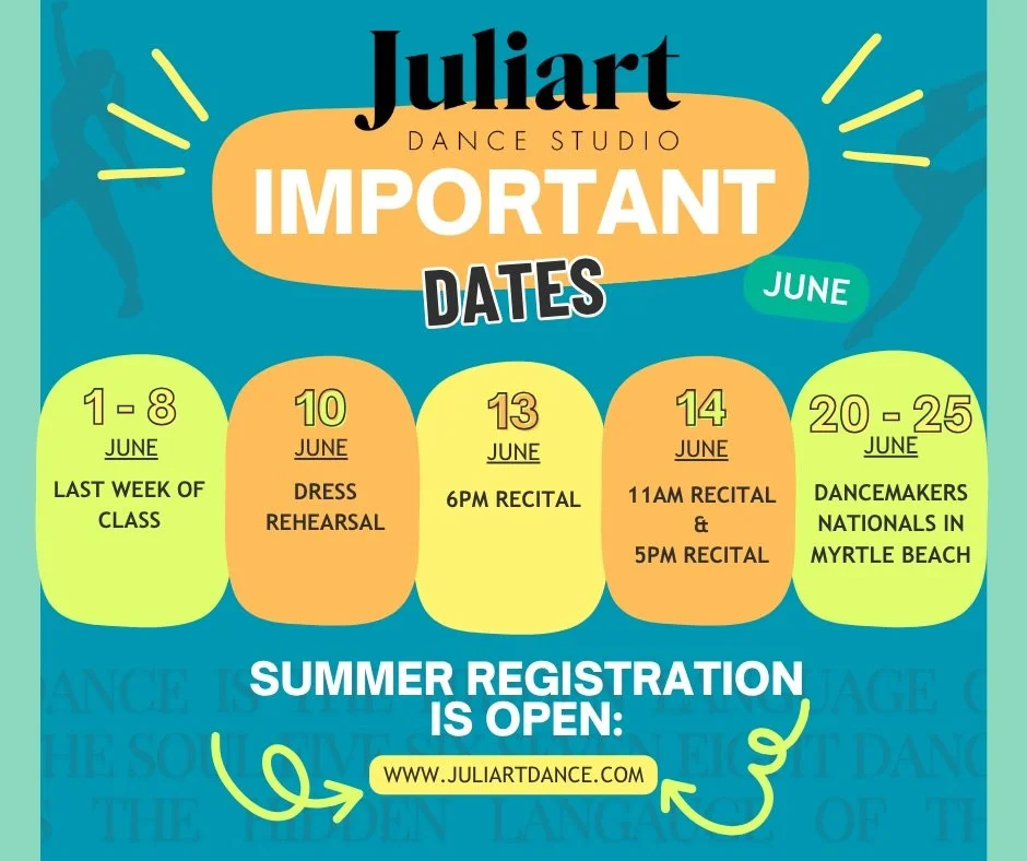 Oh hey, June! 🤩

June 1-8 - Final week of classes
June 10 - Dress Rehearsal
June 13 - 6pm Recital
June 14 - 11am AND 5pm Recital
June 20 - 25 - DanceMakers National Competition in Myrtle Beach! 

Don&rsquo;t forget, summer registration is OPEN!☀️

#