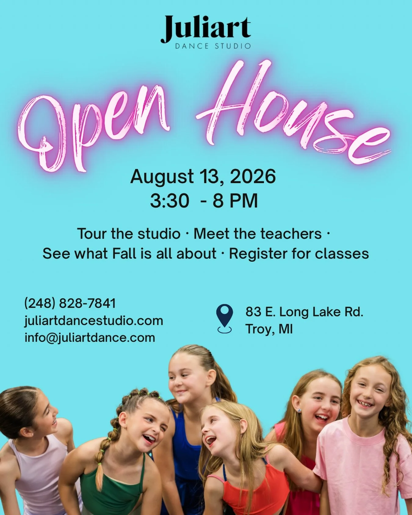 ✨Exciting news!✨ 

Our OPEN HOUSE is happening August 13, 3:30 - 8 PM!

Come tour the studio, meet our incredible teachers, and see everything Fall has in store. Questions about registration? We&rsquo;ll have you set for the season!

Plus &mdash; Fan
