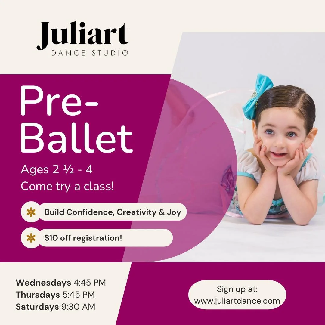 Little dancers, this one's for you! 🩰

Calling all dancers ages 2&frac12; to 4! Come try a Pre-Ballet class at Juliart Dance Studio in Troy. Your little one will explore movement and music while building confidence, creativity, and joy in a fun, wel