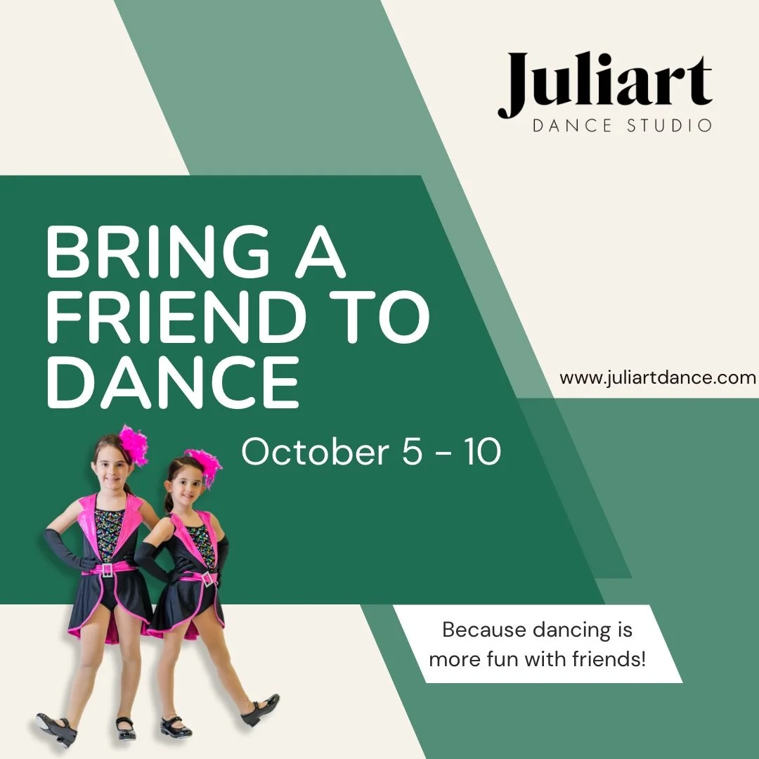 Mark your calendars! 🎉 

Bring a Friend to Dance Week is October 5-10! 
Invite a friend to come dance with you for FREE and show them what makes JDS so special. 

Plus&hellip; all month long, current students can try a NEW class for free! Just email