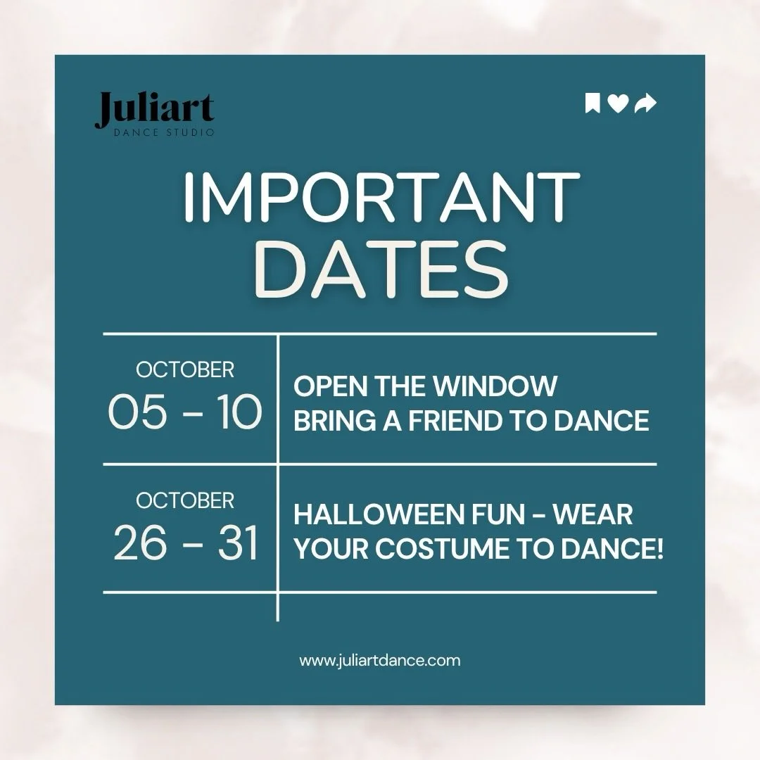 Mark your calendars, Juliart family! 🗓️✨

October is full of fun at JDS:
🪩October 5&ndash;10: Open the Window &amp; Bring a Friend to Dance!
Invite a friend to join you in class this week.
🎃 October 26&ndash;31: Halloween Fun!
Wear your costume to