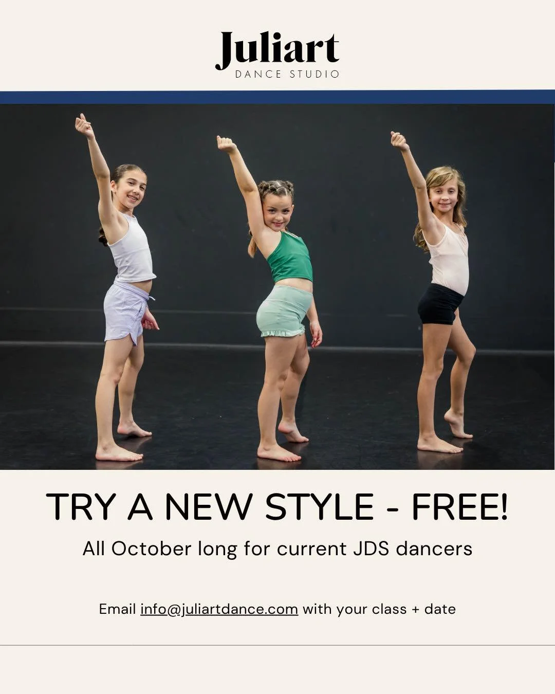 New month, new moves! 🪩 All October long, current JDS dancers can try a NEW style class for FREE. Always been curious about jazz, hip hop, lyrical or tap? Now&rsquo;s your chance! 

Just email info@juliartdance.com with the class + date you&rsquo;d 