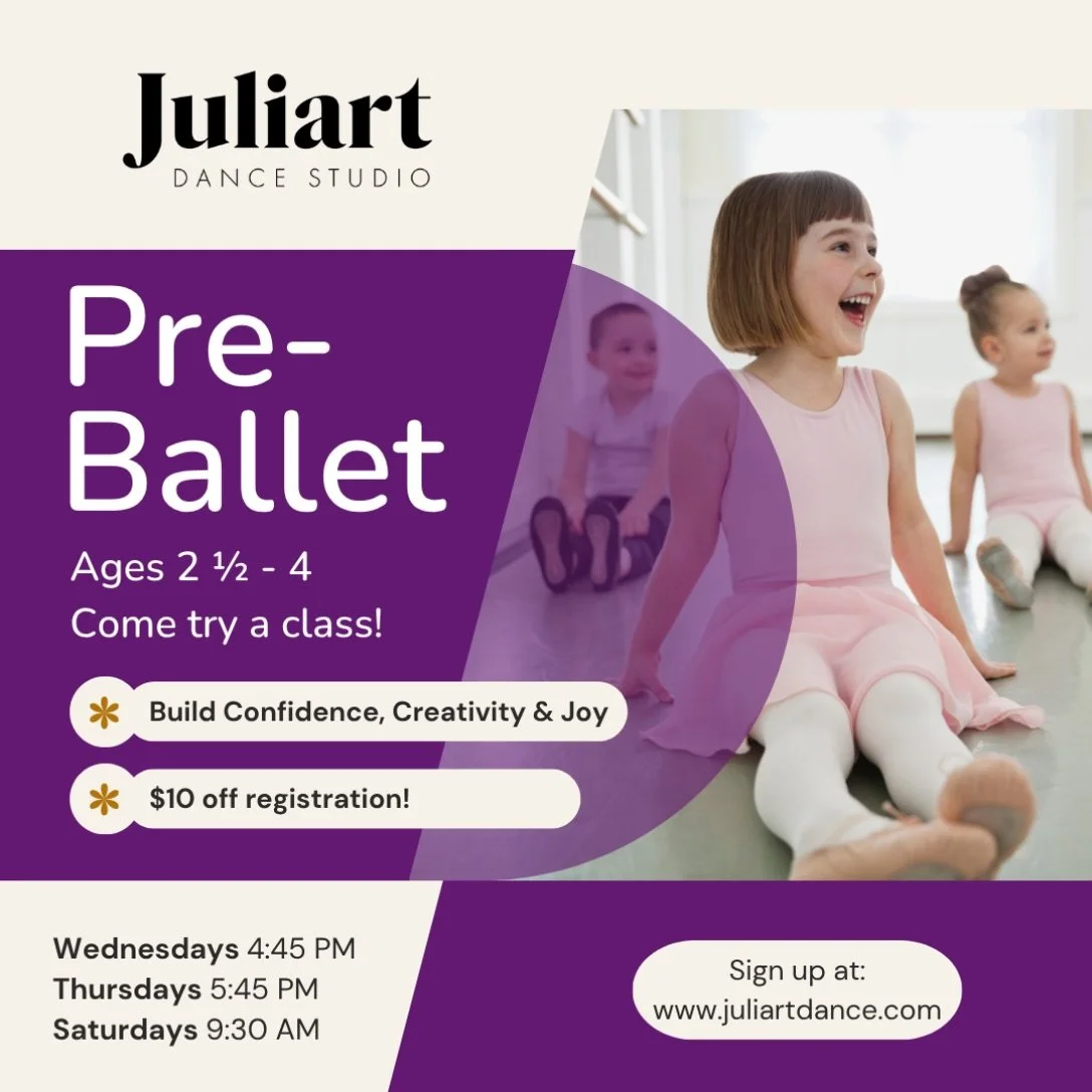 Still thinking about pre-ballet? 🩰 Registration is open, and it&rsquo;s not too late! 

Save $10 when you sign up for our 2&frac12;&ndash;4 year old classes. 
Class times each week are: Wednesday 4:45 PM, Thursday 5:45 PM, and Saturday 9:30 AM. 

Em