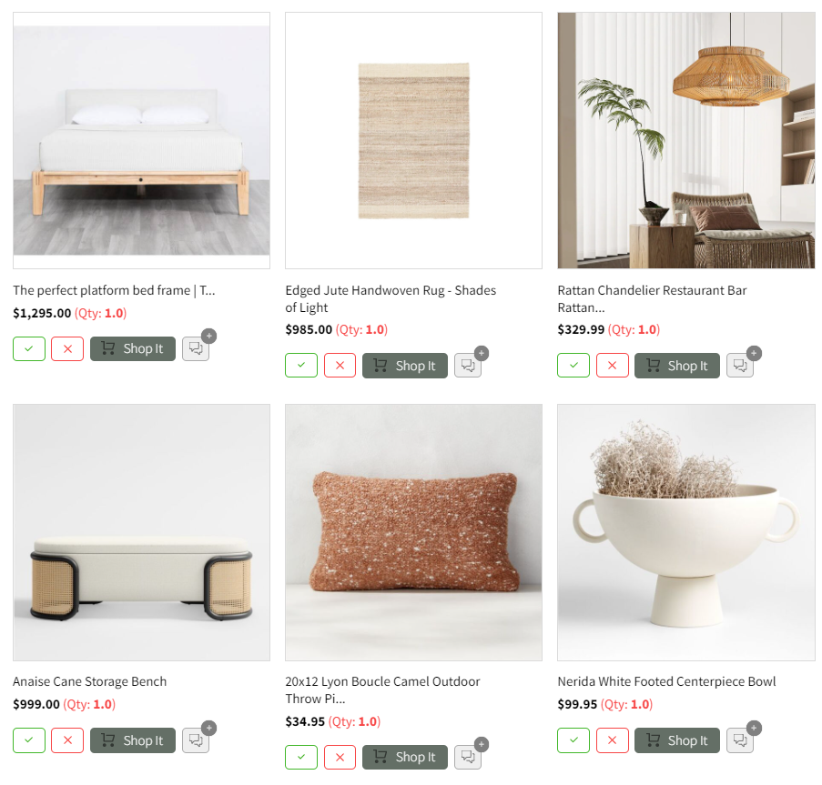 A collection of home decor and furniture items, including a platform bed frame, a woven rug, a living room with a pendant light, a storage bench, a decorative outdoor throw pillow, and a modern bowl with dried plants.