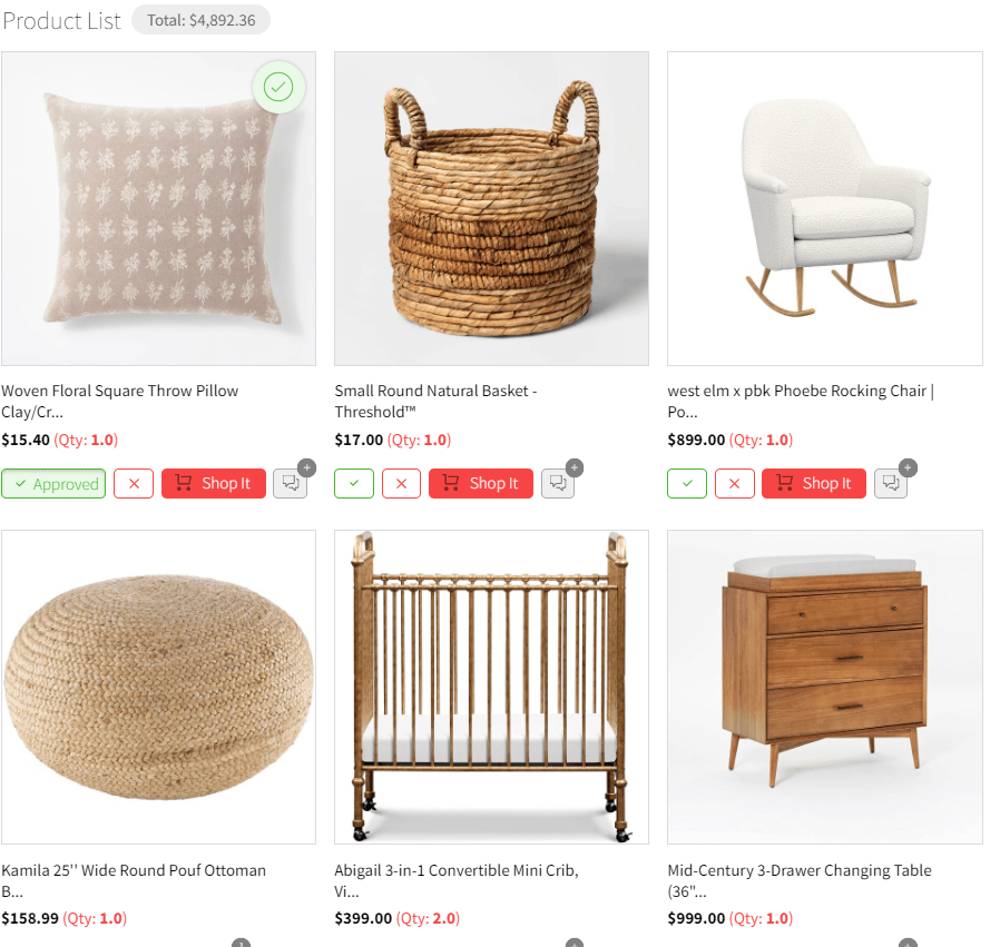 Product list displaying six home furniture items: a floral throw pillow, a natural round basket, a white upholstered rocking chair, a round woven pouf, a wooden convertible crib, and a wooden changing table.