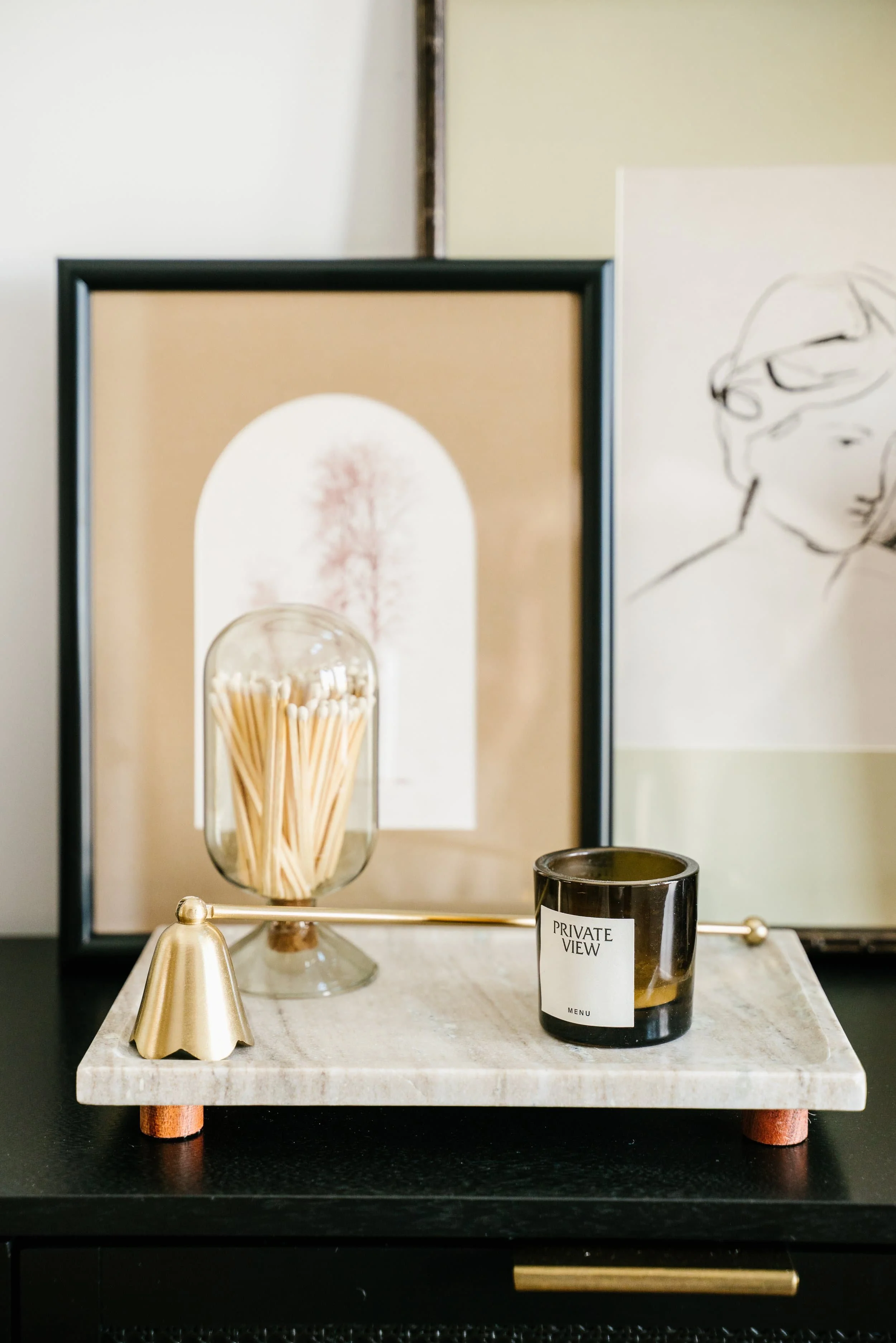 decor items on console table